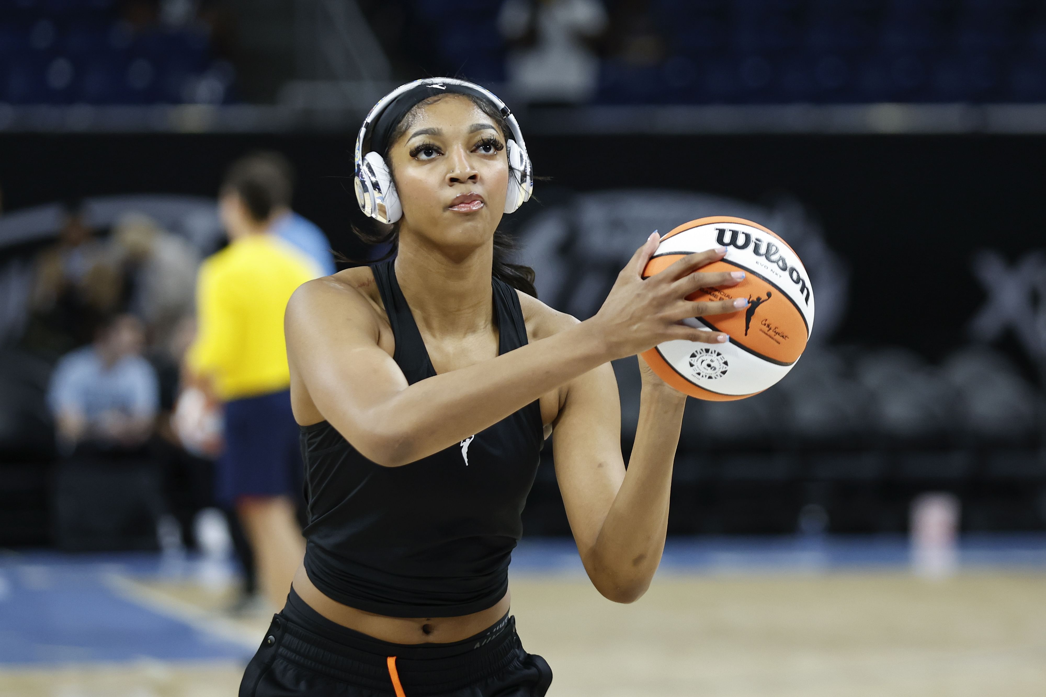 Chicago Sky forward Angel Reese warms up before a basketball game against the Indiana Fever at Wintrust Arena. Photo Credit: Imagn