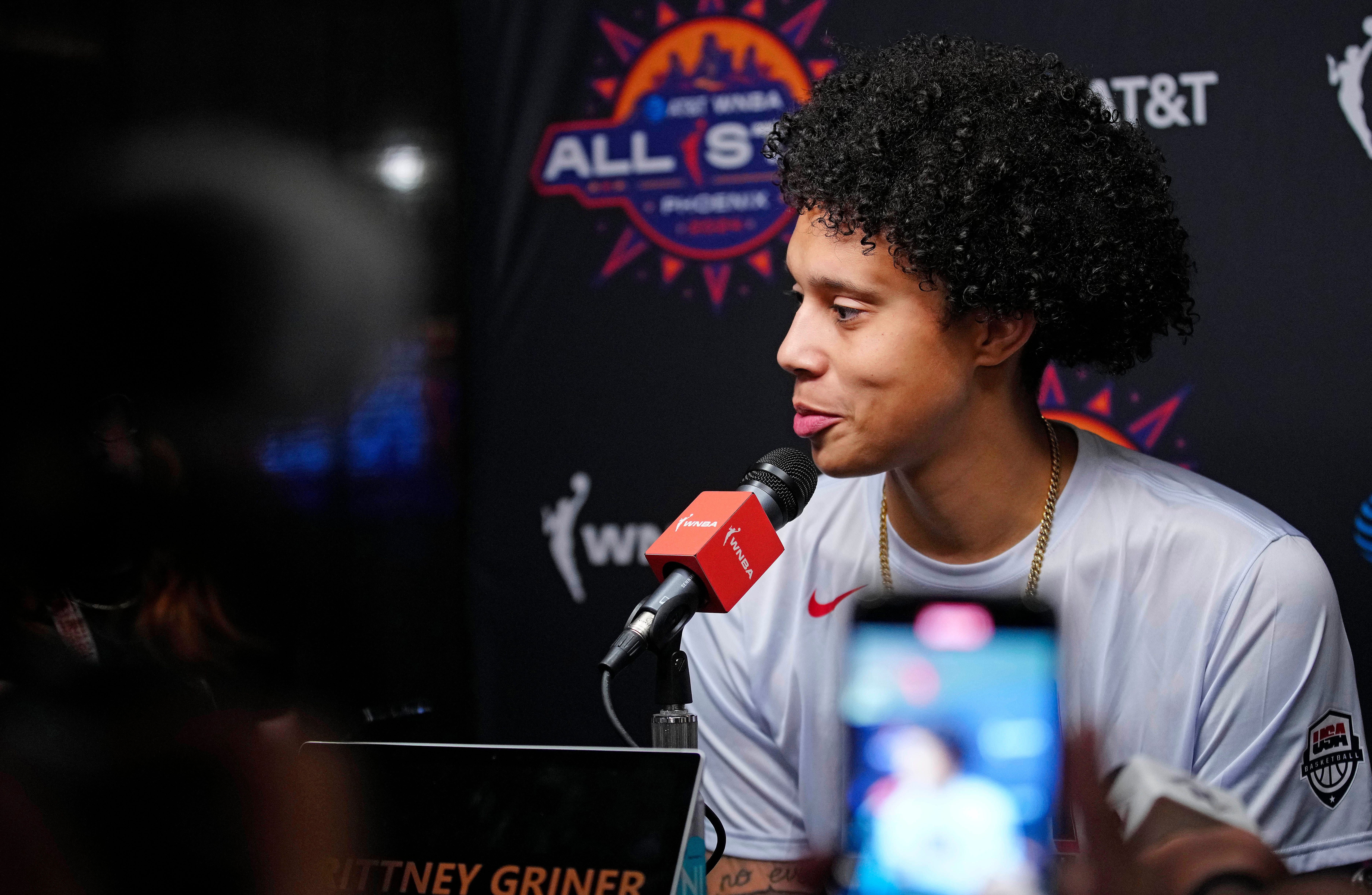 Team USA center Brittney Griner speaks to the press during WNBA All-Star Media Day at the Footprint Center. Photo Credit: Imagn