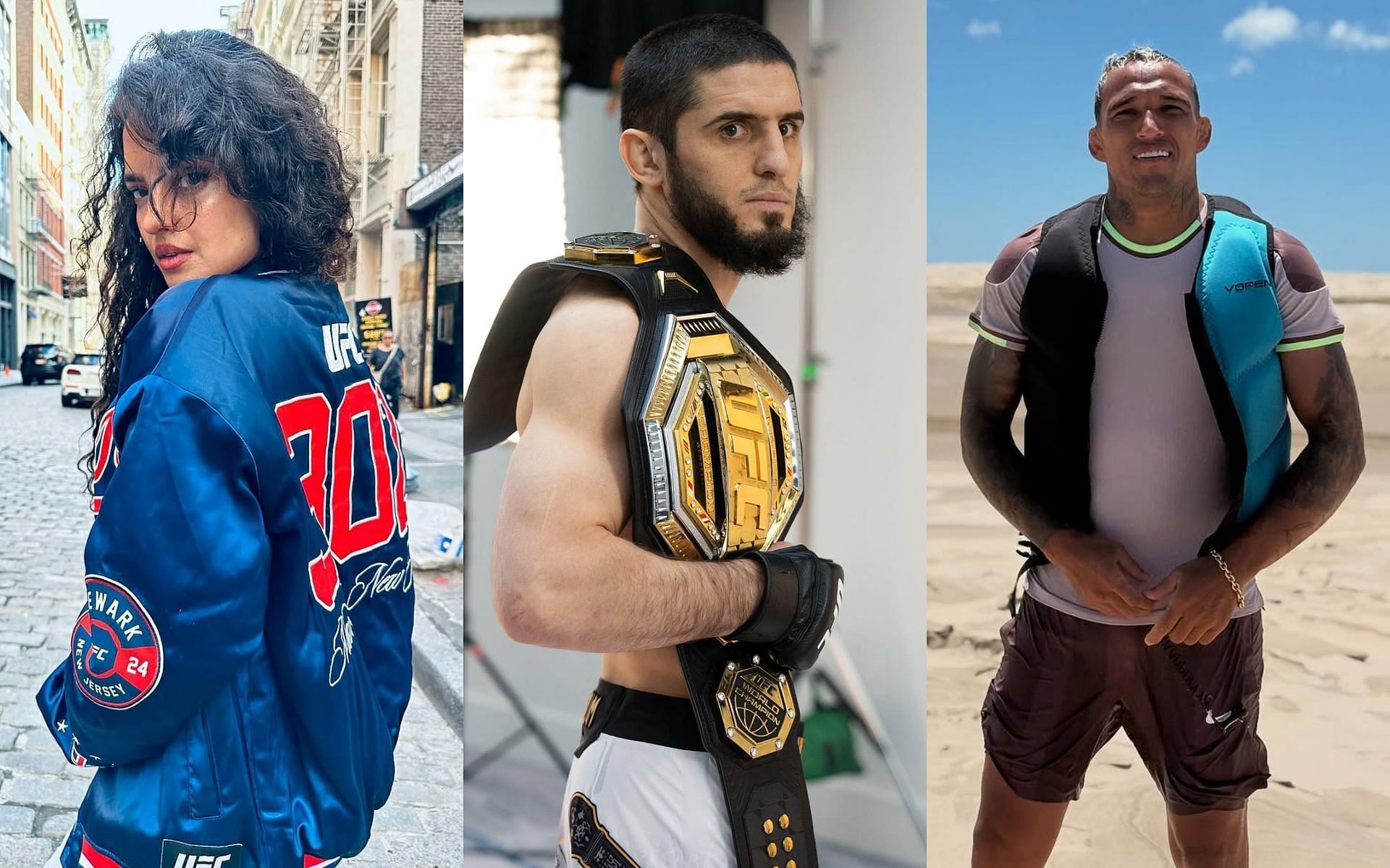 Nina-Marie Daniele (left) reacts to Islam Makhachev (middle) calling Charles Oliveira (right) his &quot;friend&quot;. [Image courtesy: @ufc, @charlesdobronxs and @ufcstore on Instagram]