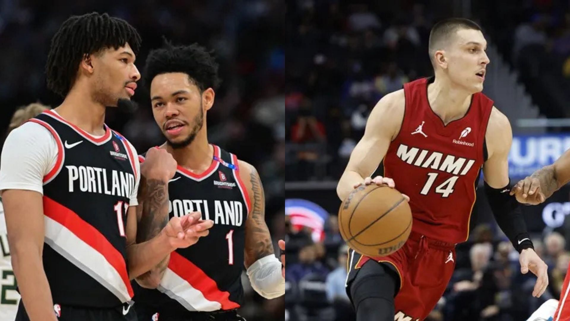 Portland Trail Blazers guard Shaedon Sharpe and guard Anfernee Simons. Miami Heat guard Tyler Herro. Photo Credits: Imagn