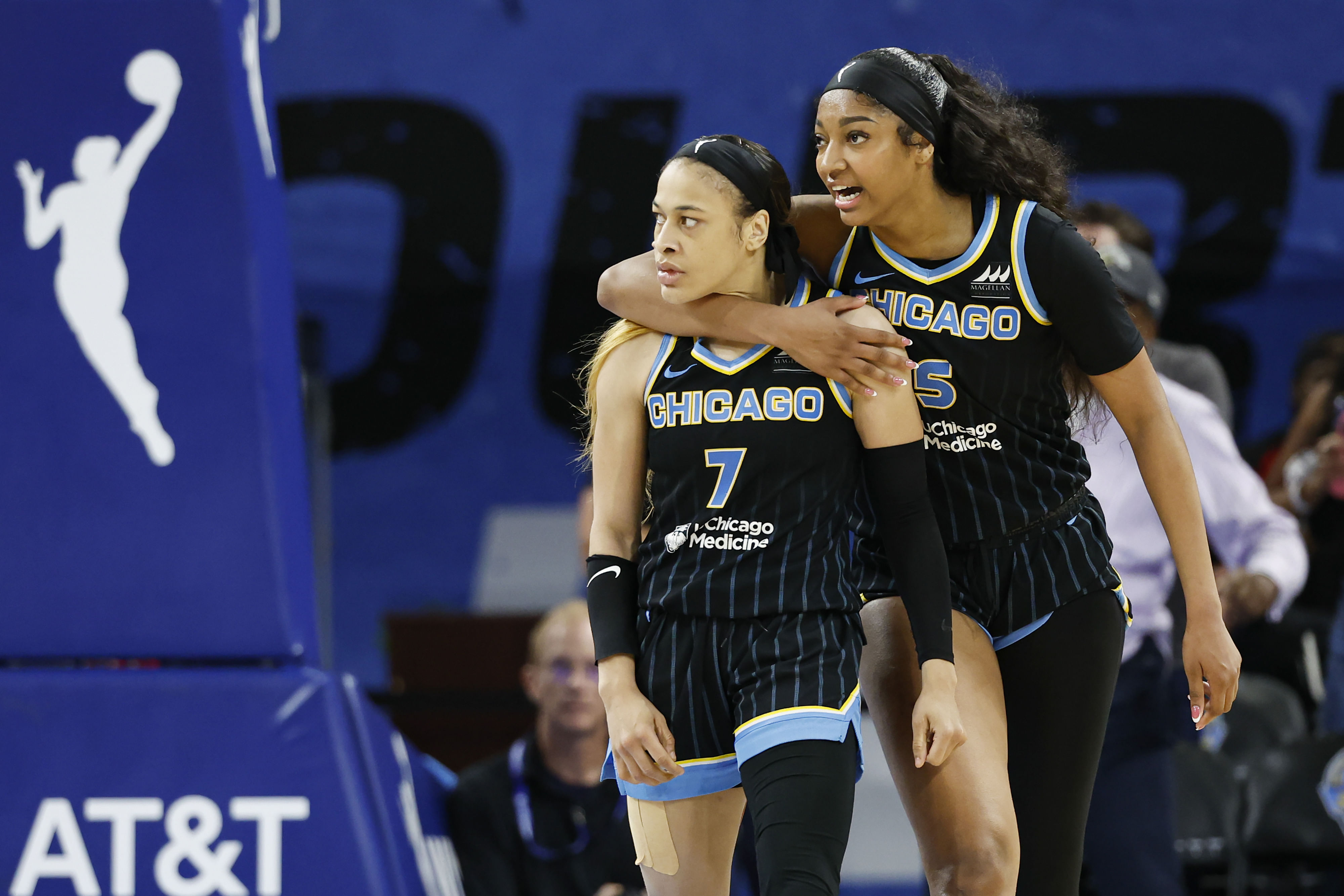 Chicago Sky guard Chennedy Carter reacts next to forward Angel Reese after scoring against the Las Vegas Aces at Wintrust Arena. Photo Credit: Imagn