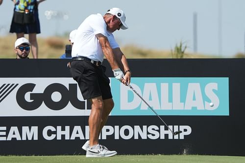  Phil Mickelson plays his shot from the 16th tee during the LIV Golf Dallas Team Championship Finals - Source: Imagn