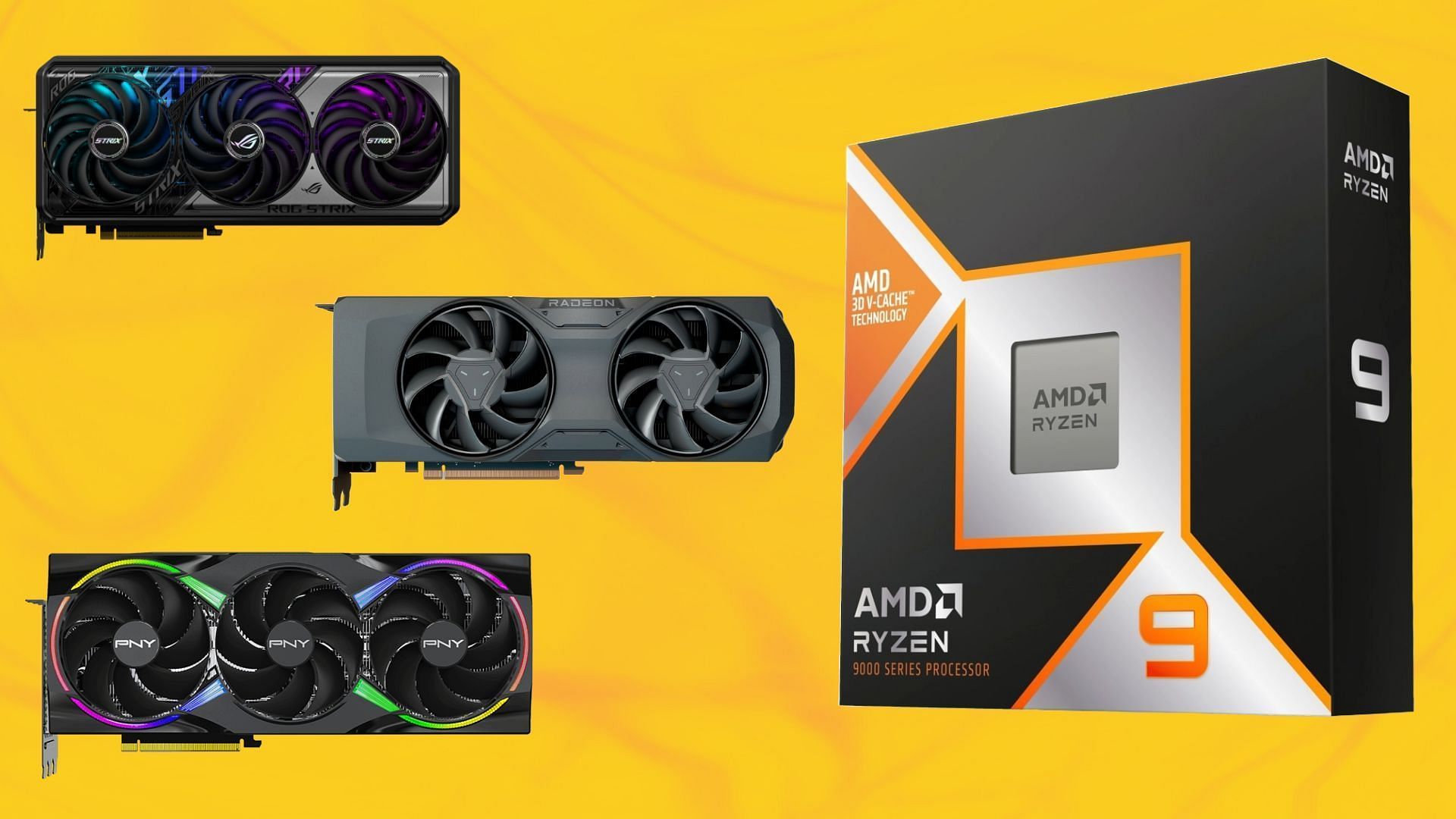 The best GPUs for AMD Ryzen 9 9900X3D (Image via Nvidia, AMD, Asus, PNY)