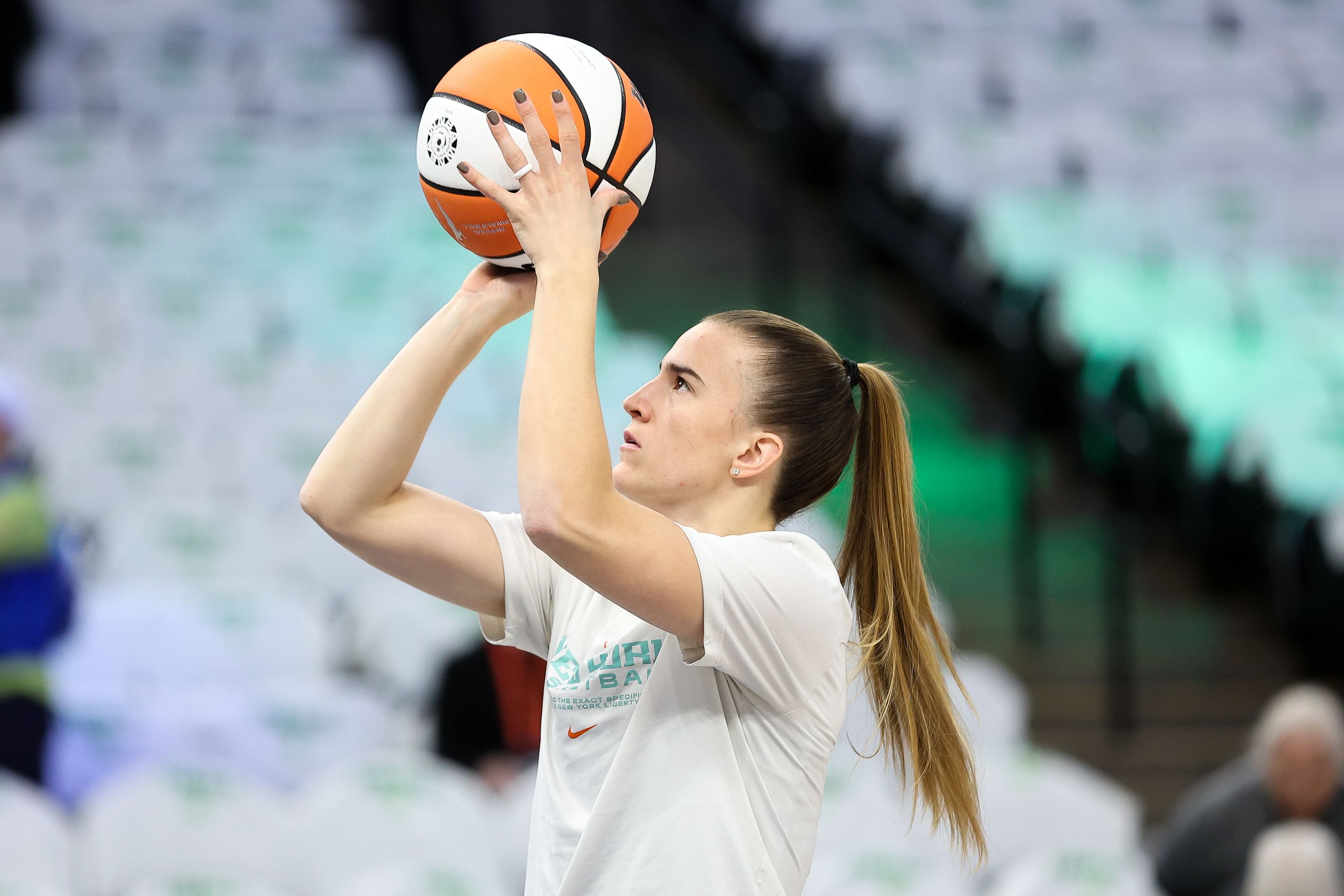 Oct 16, 2024; Minneapolis, Minnesota, USA; New York Liberty guard Sabrina Ionescu (20) warms up before game three of the 2024 WNBA Finals against the Minnesota Lynx at Target Center. Mandatory Credit: Matt Krohn-Imagn Images - Source: Imagn