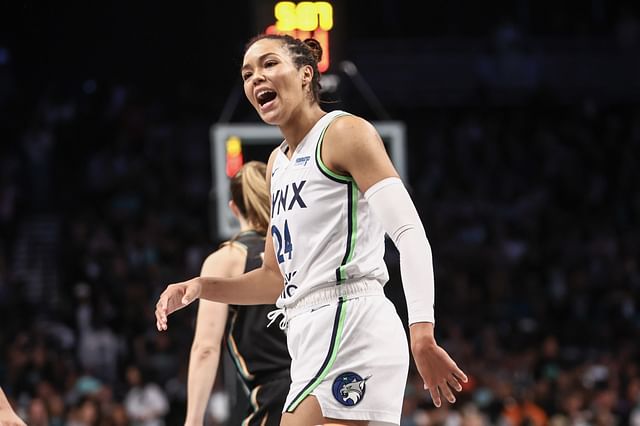 Oct 20, 2024; Brooklyn, New York, USA; Minnesota Lynx forward Napheesa Collier (24) argues with an official after being called for traveling in the second quarter against the New York Liberty during game five of the 2024 WNBA Finals at Barclays Center. Mandatory Credit: Wendell Cruz-Imagn Images - Source: Imagn