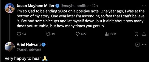 Screenshot of Ariel Helwani's response to Jason Miller's post. [Screenshot courtesy: arielhelwani on X]