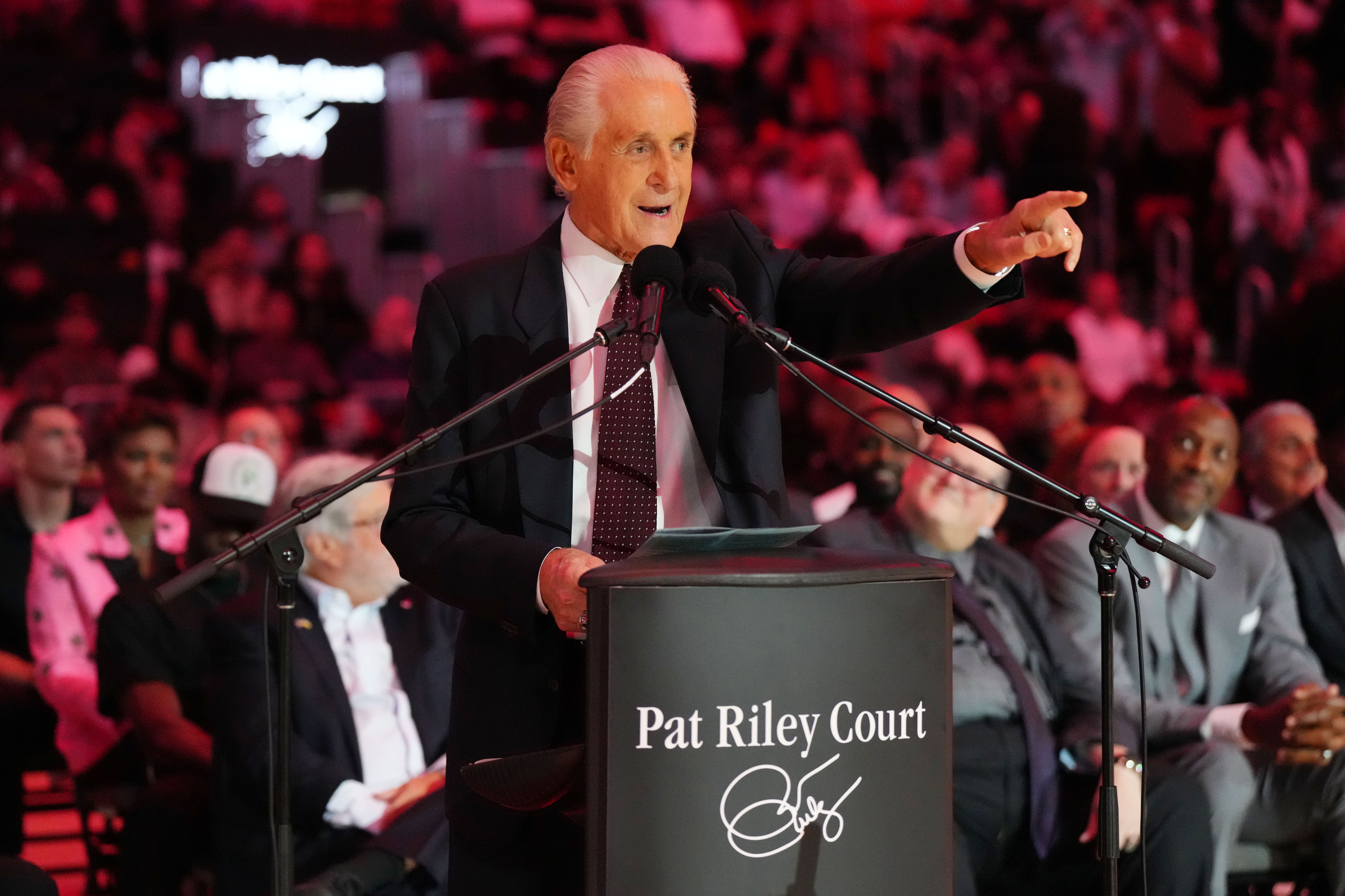 Miami Heat president Pat Riley addresses the crowd during the Pat Riley Court dedication ceremony at Kaseya Center. Photo Credit: Imagn