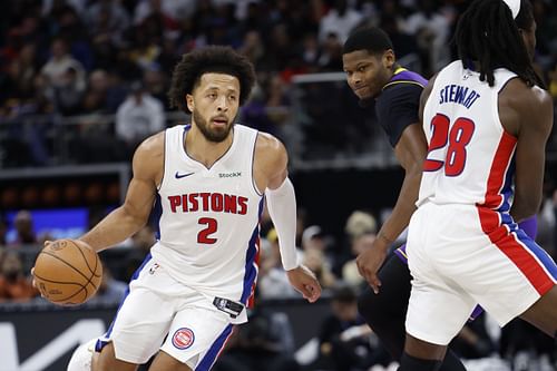 Detroit Pistons guard Cade Cunningham dribbles against the Los Angeles Lakers at Little Caesars Arena. Photo Credit: Imagn