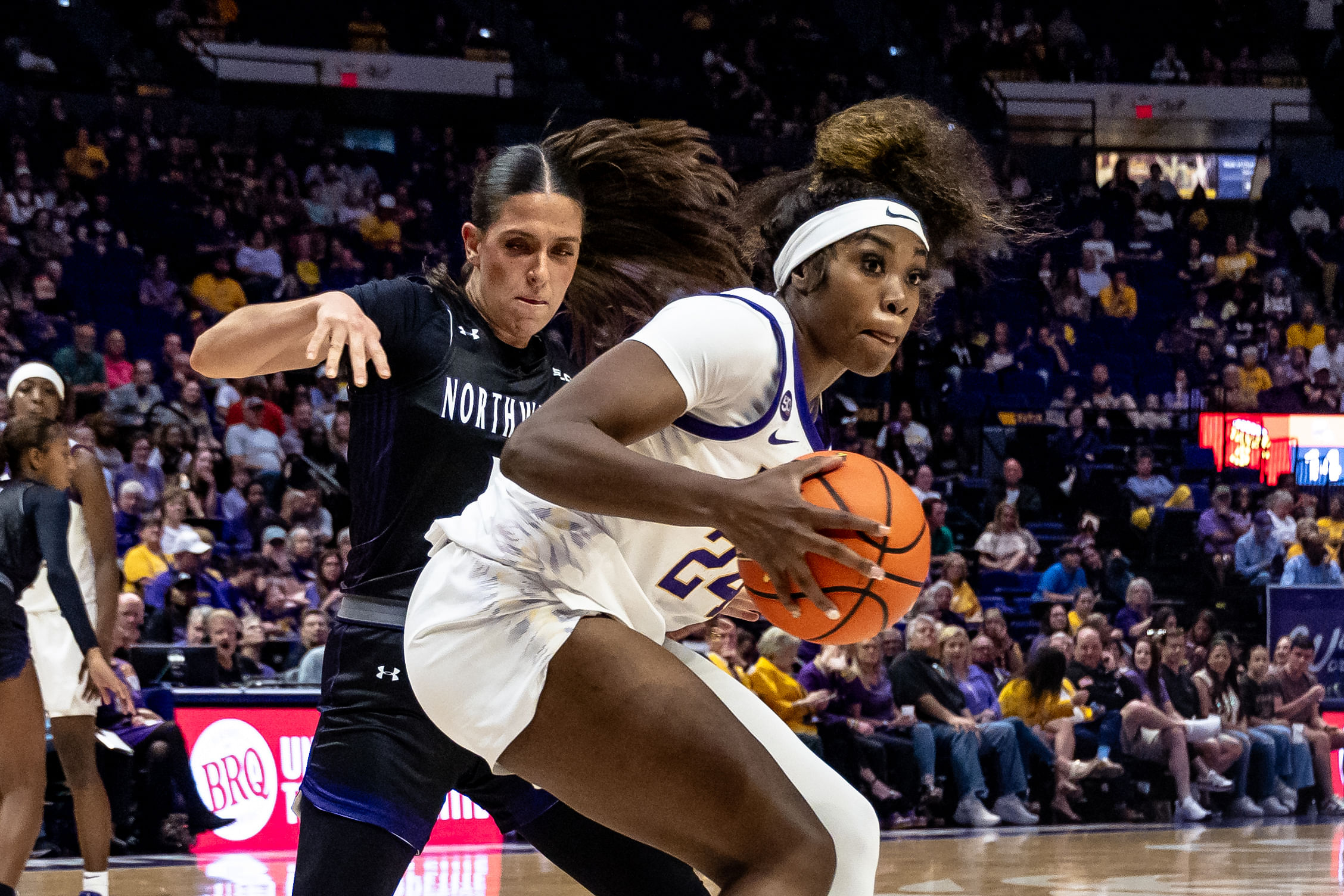 LSU Tigers guard Aneesah Morrow (#24) fights for position against the Northwestern State Lady Demons during the first half of their NCAA game at Pete Maravich Assembly Center. Photo: Imagn