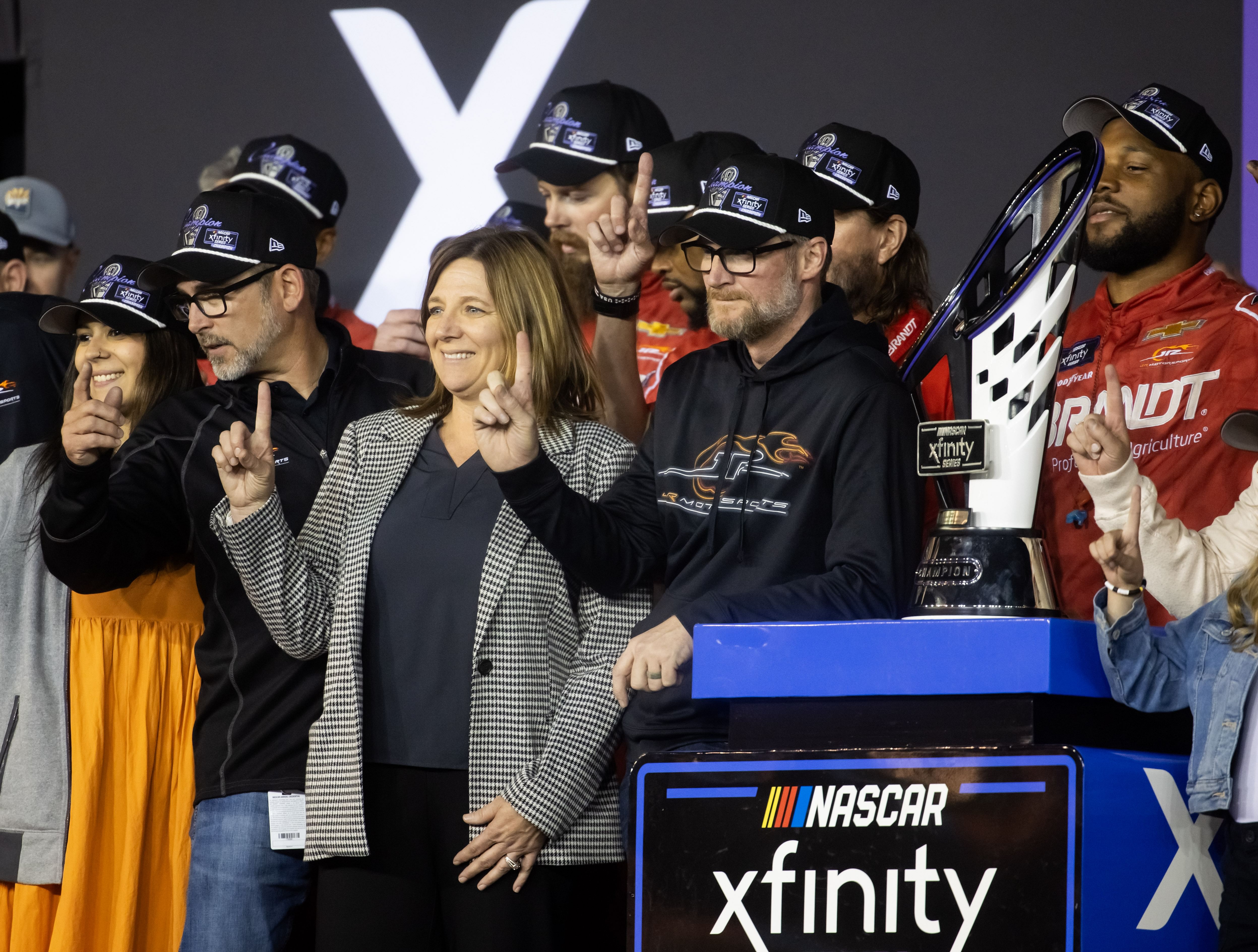 In Picture: The owner of the Nascar Xfinity series team, Dale Earnhardt Jr. and Sister Kelley Earnhardt Miller, celebrate after winning the XFINITY 2024 series championship - Source: Imagn