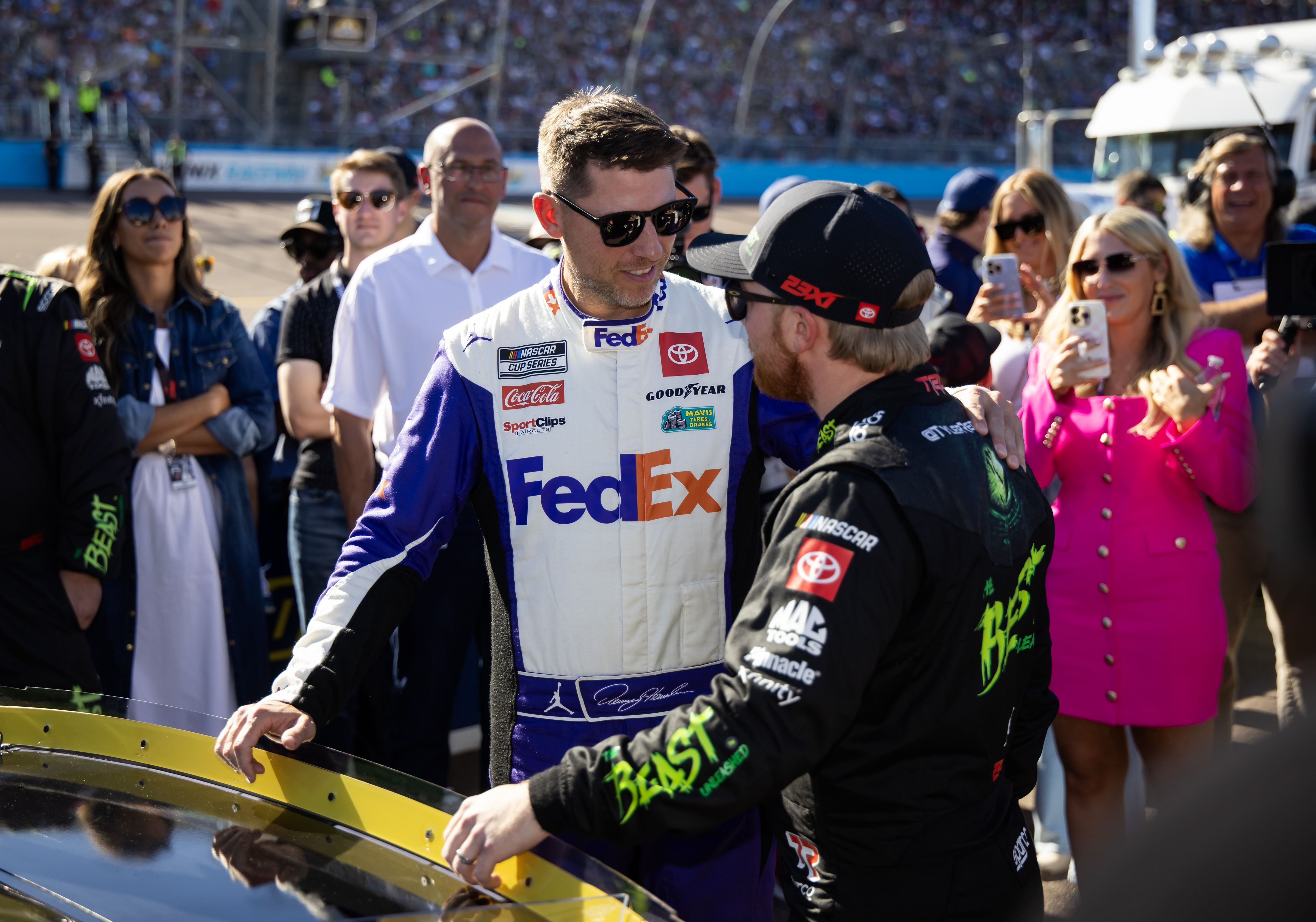 Denny Hamlin (left) with Tyler Reddick during the NASCAR Cup Series Championship race at Phoenix Raceway  - Source: Imagn