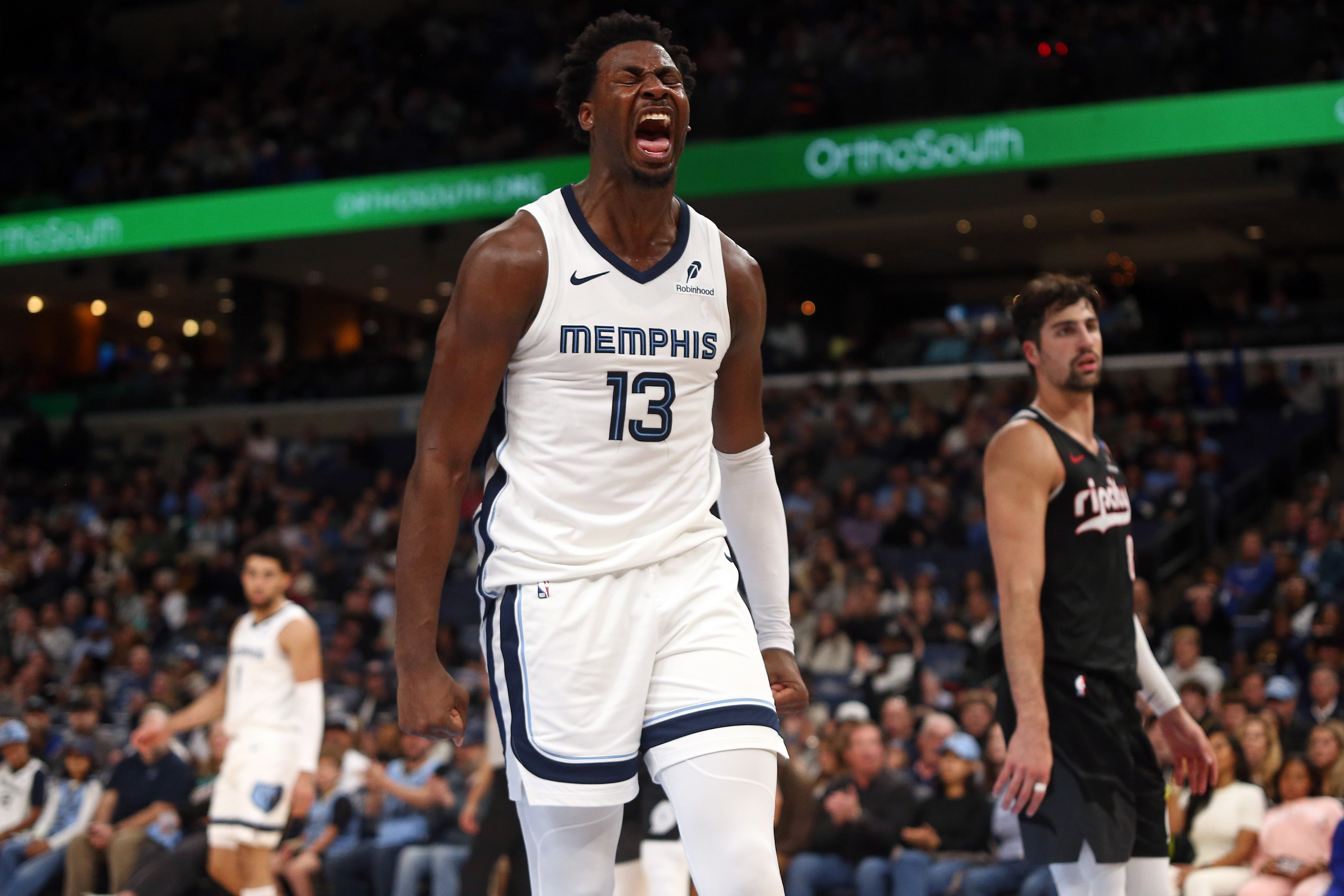 Memphis Grizzlies forward Jaren Jackson Jr. reacts after a dunk against the Portland Trail Blazers at FedExForum. Photo Credit: Imagn