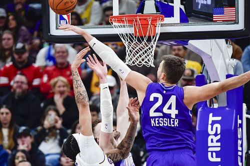 Los Angeles Lakers forward/center Anthony Davis (3) gets blocked by Utah Jazz center Walker Kessler (24). (Credits: IMAGN)