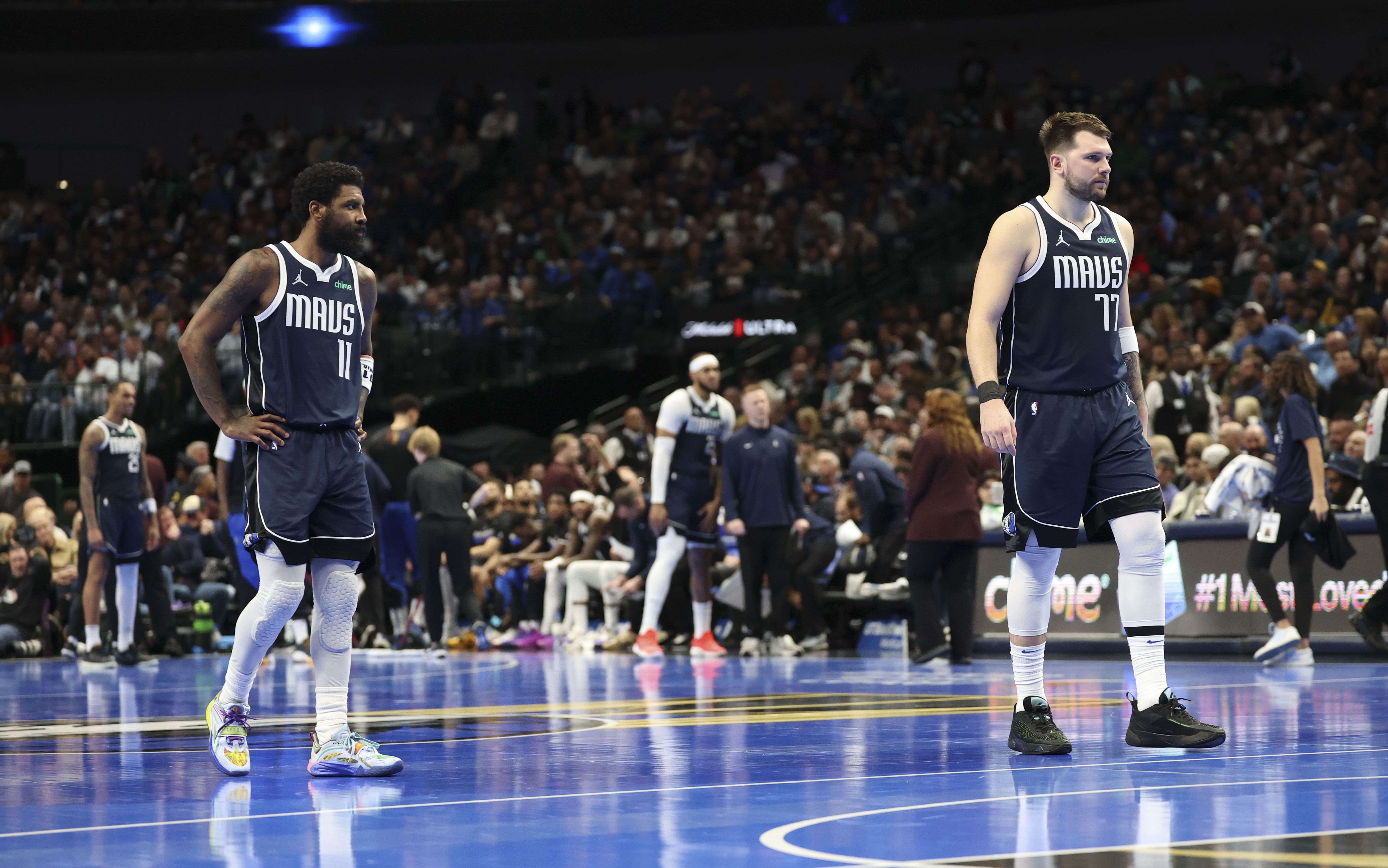 Dallas Mavericks guards Kyrie Irving and Luka Doncic against the Memphis Grizzlies at American Airlines Center. Photo Credit: Imagn