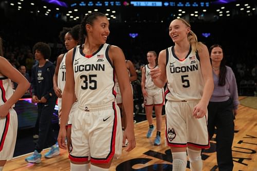 UConn Huskies guards Azzi Fudd (#35) and Paige Bueckers (#5) celebrate after their win over the Louisville Cardinals at Barclays Center in Brooklyn, New York. Photo: Imagn