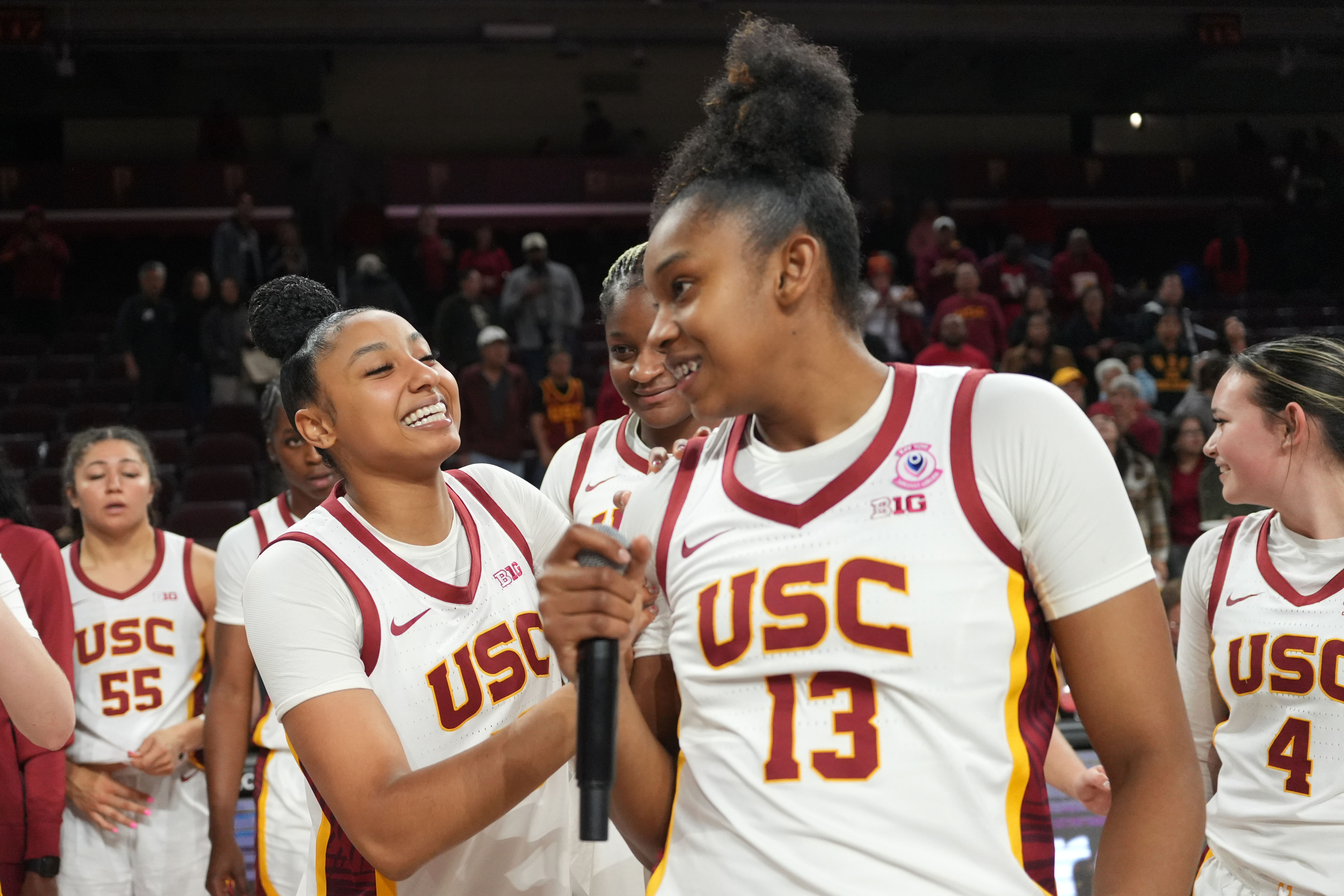 USC Trojans guard JuJu Watkins (#12) and center Rayah Marshall (#13) celebrate after their win against the Fresno State Bulldogs at Galen Center. Photo: Imagn