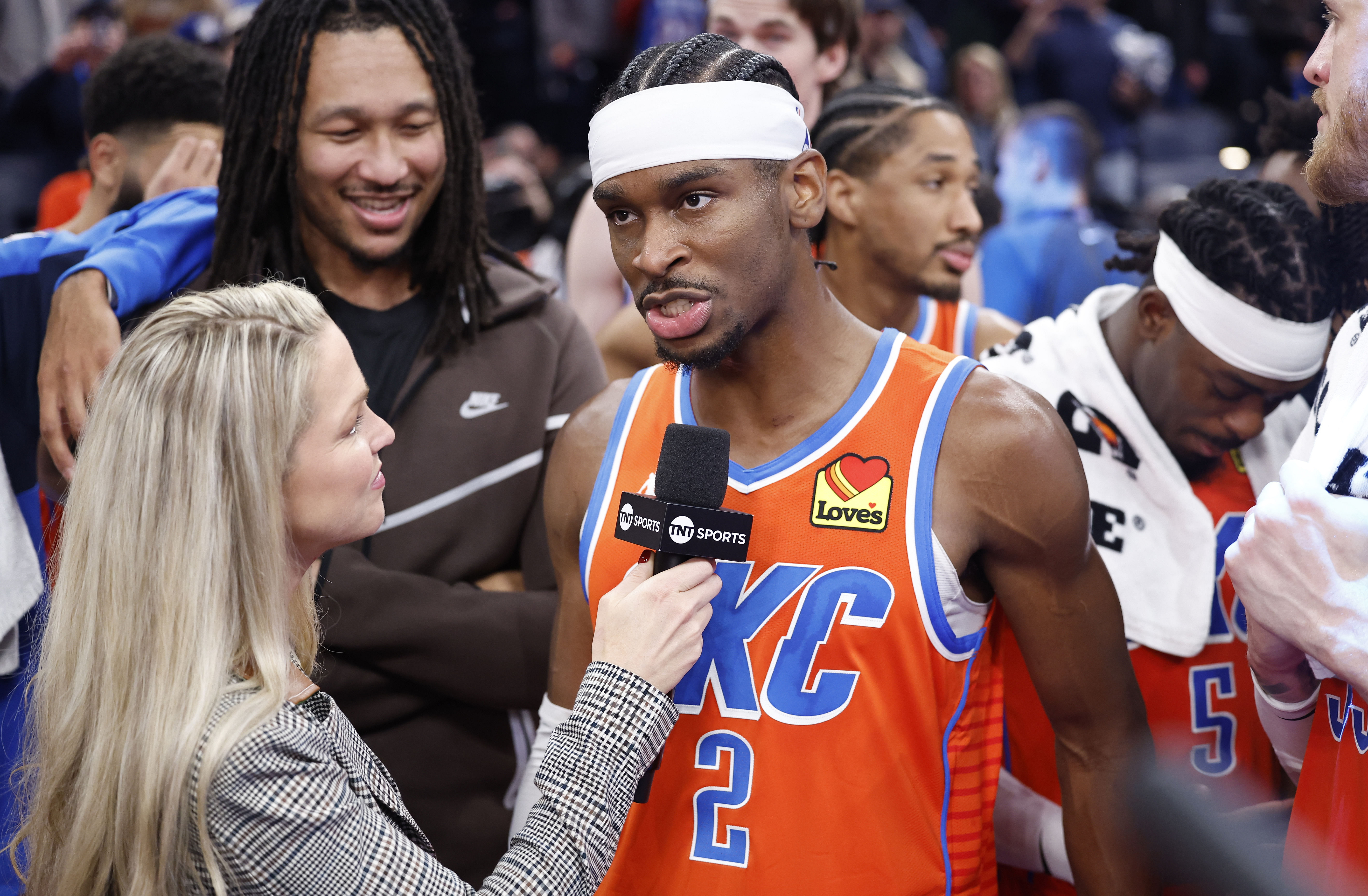 OKC Thunder guard Shai Gilgeous-Alexander speaks to a TV reporter after his team defeated the Dallas Mavericks at Paycom Center. Photo Credit: Imagn