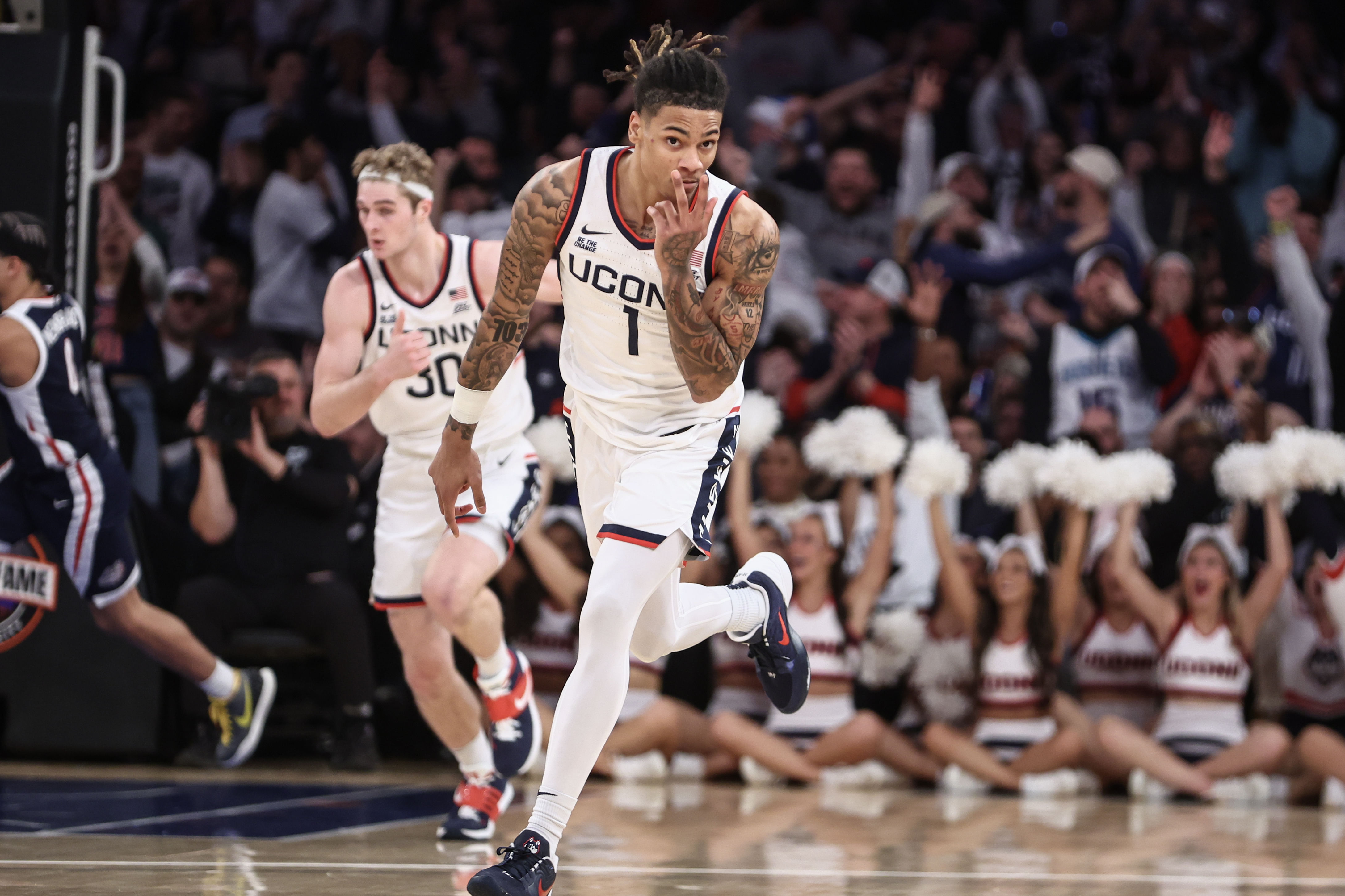 UConn Huskies guard Solo Ball gestures after making a 3-point shot against the Gonzaga Bulldogs at Madison Square Garden. Photo: Imagn