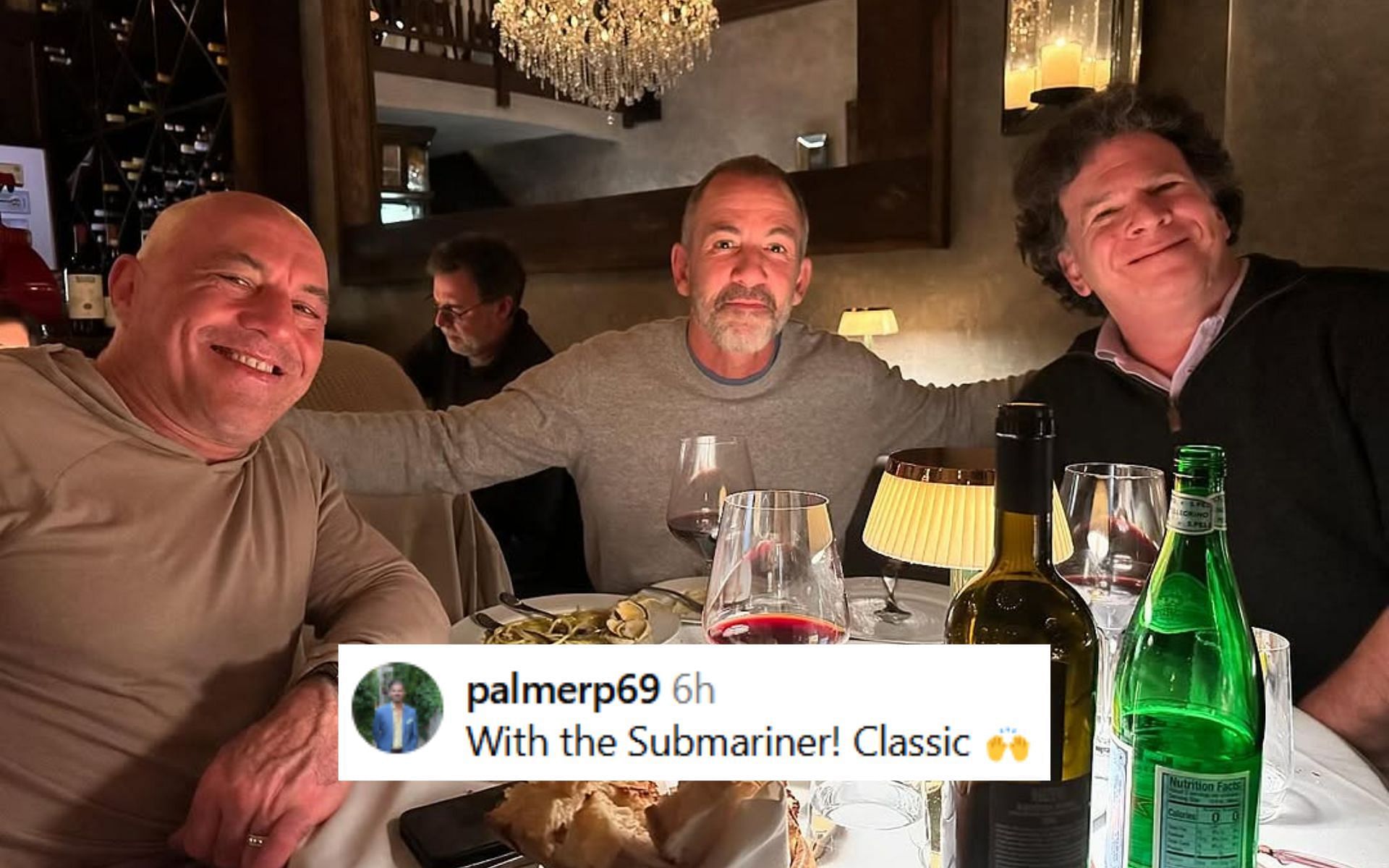 Fans react to Joe Rogan (left) having dinner with Bryan Callen (center) and Eric Weinstein (right). [Image courtesy: @joerogan on Instagram]