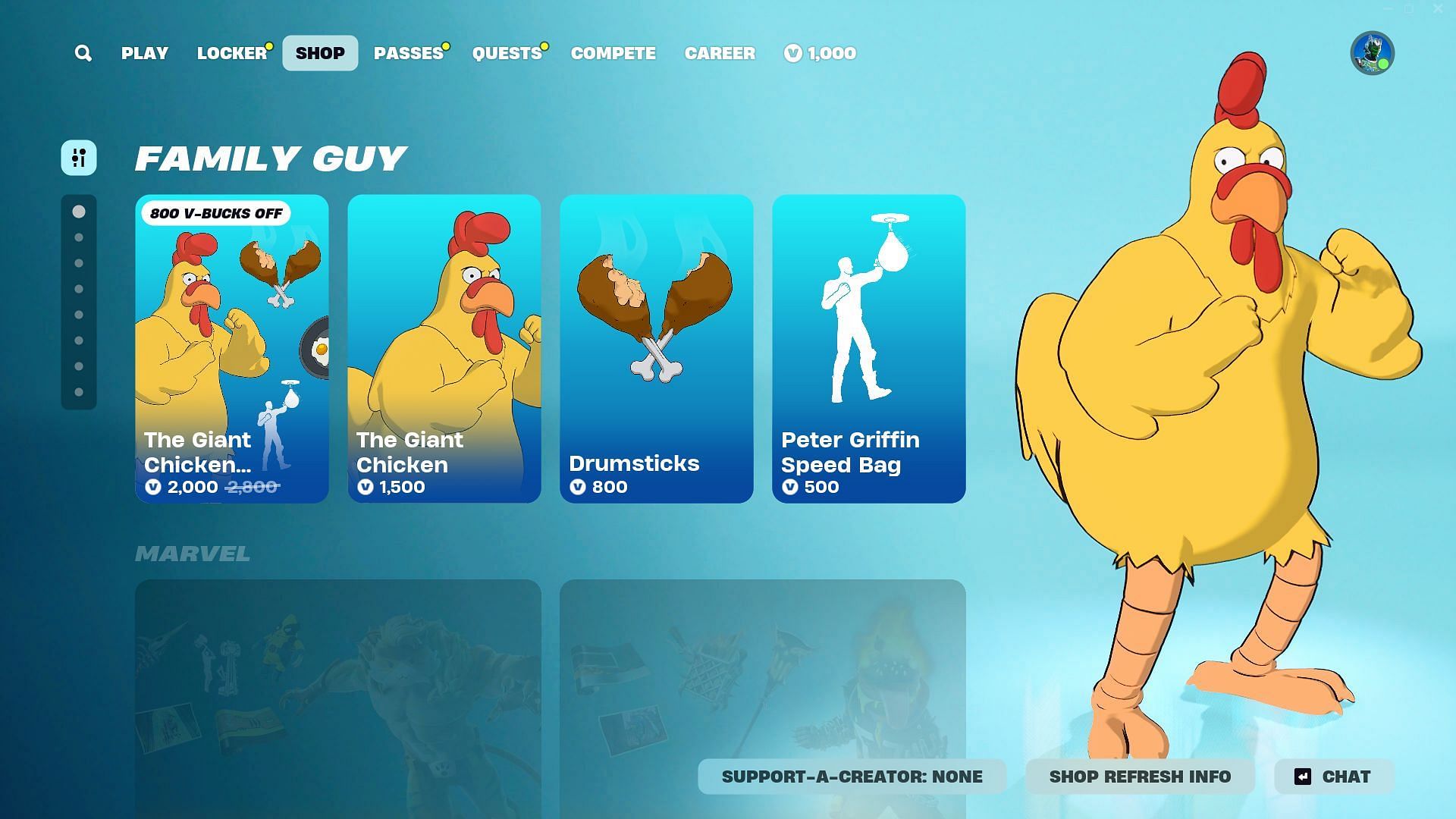 You can now purchase The Giant Chicken (Family Guy) skin in Fortnite (Image via Epic Games)