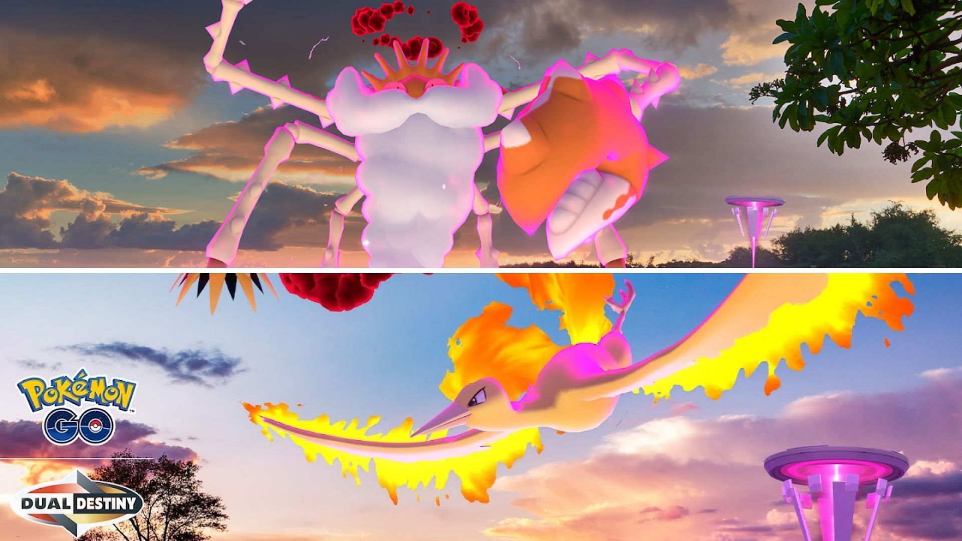 Gigantamax Kingler and Dynamax Moltres (Image via The Pokemon Company)