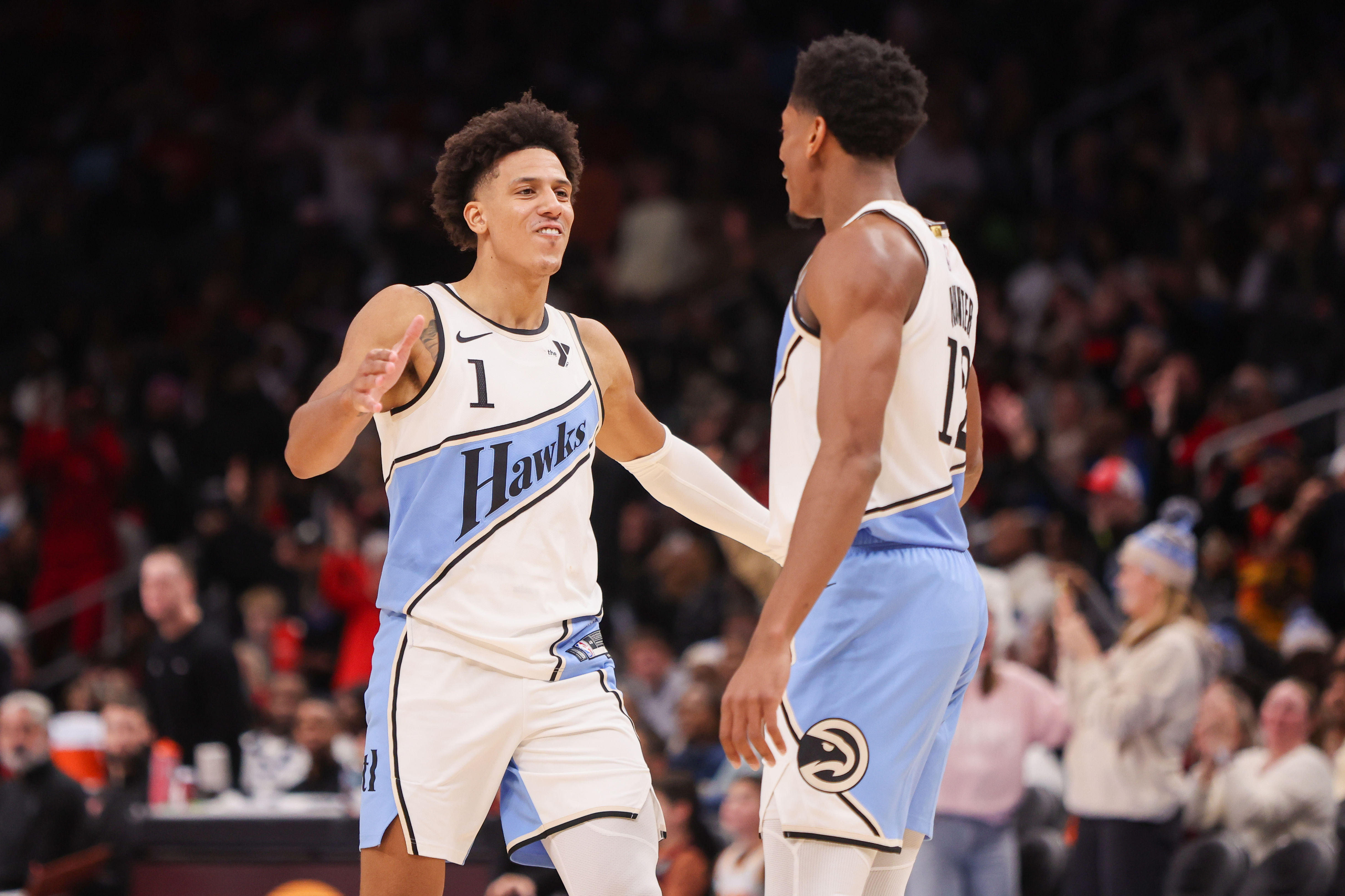 Atlanta Hawks forwards Jalen Johnson and De&#039;Andre Hunter (Image Credit: Brett Davis-Imagn Images)