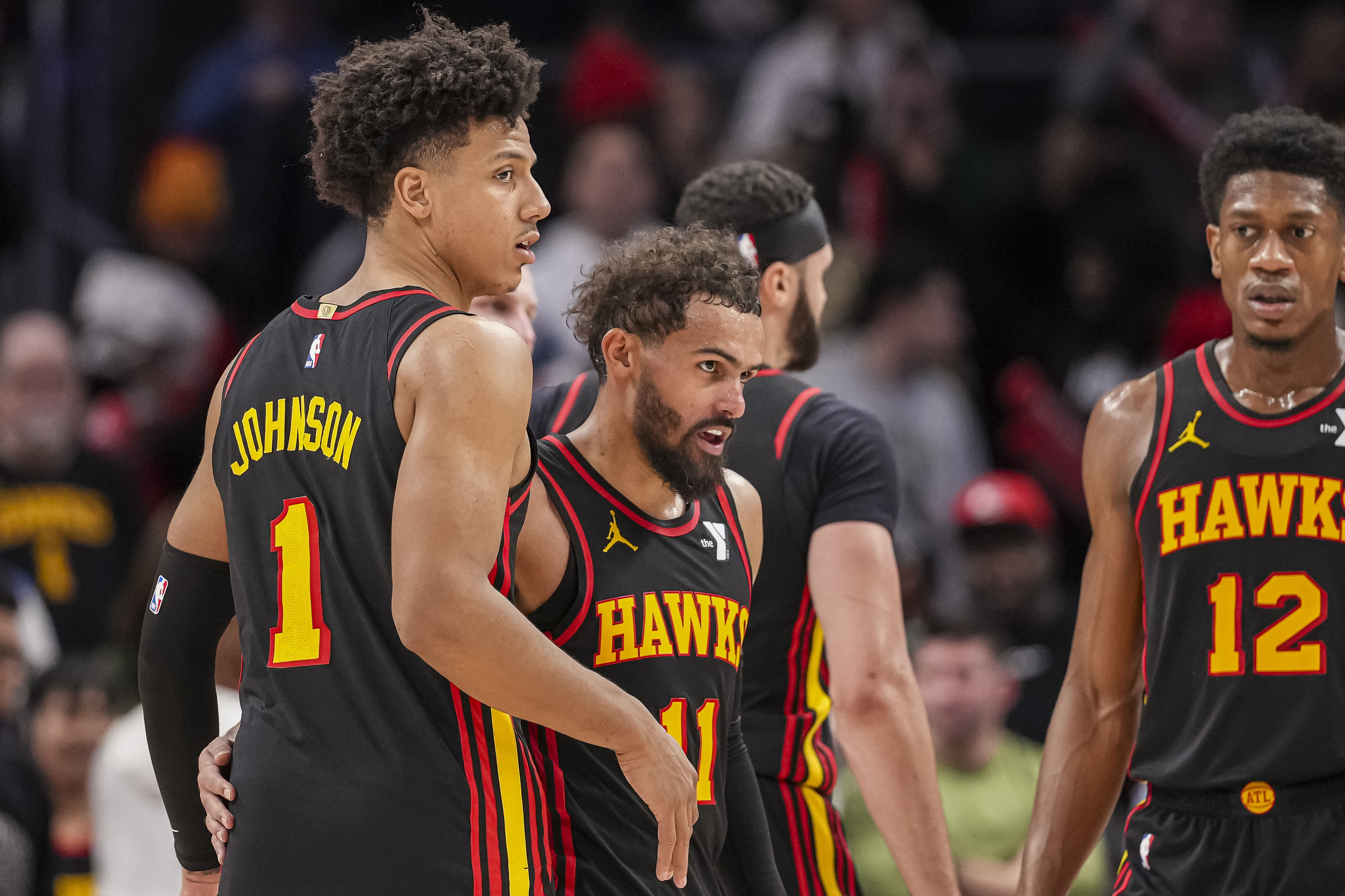 Atlanta Hawks forward Jalen Johnson, star point guard Trae Young and forward De&#039;Andre Hunter (Image Credit: Dale Zanine-Imagn Images)