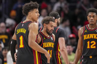 Atlanta Hawks forward Jalen Johnson, star point guard Trae Young and forward De'Andre Hunter (Image Credit: Dale Zanine-Imagn Images)