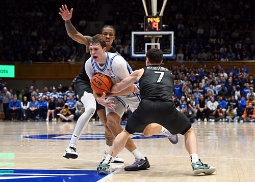 Duke Blue Devils forward Cooper Flagg (#2) drives to the basket as Virginia Tech Hokies guard Brandon Rechsteiner (#7) defends during the second half at Cameron Indoor Stadium. Photo: Imagn