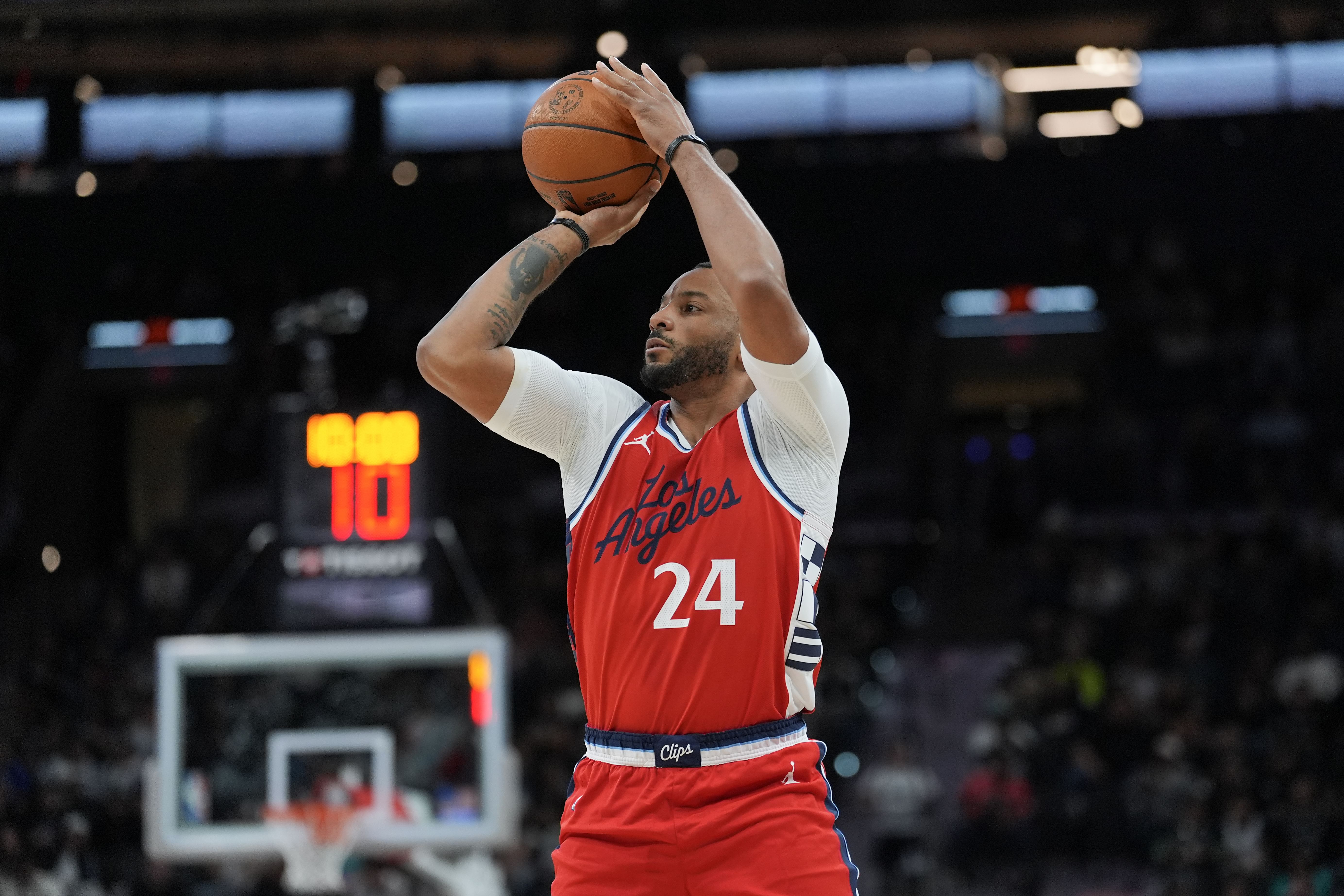 LA Clippers guard Norman Powell shoots against the San Antonio Spurs at Frost Bank Center. Photo Credit: Imagn