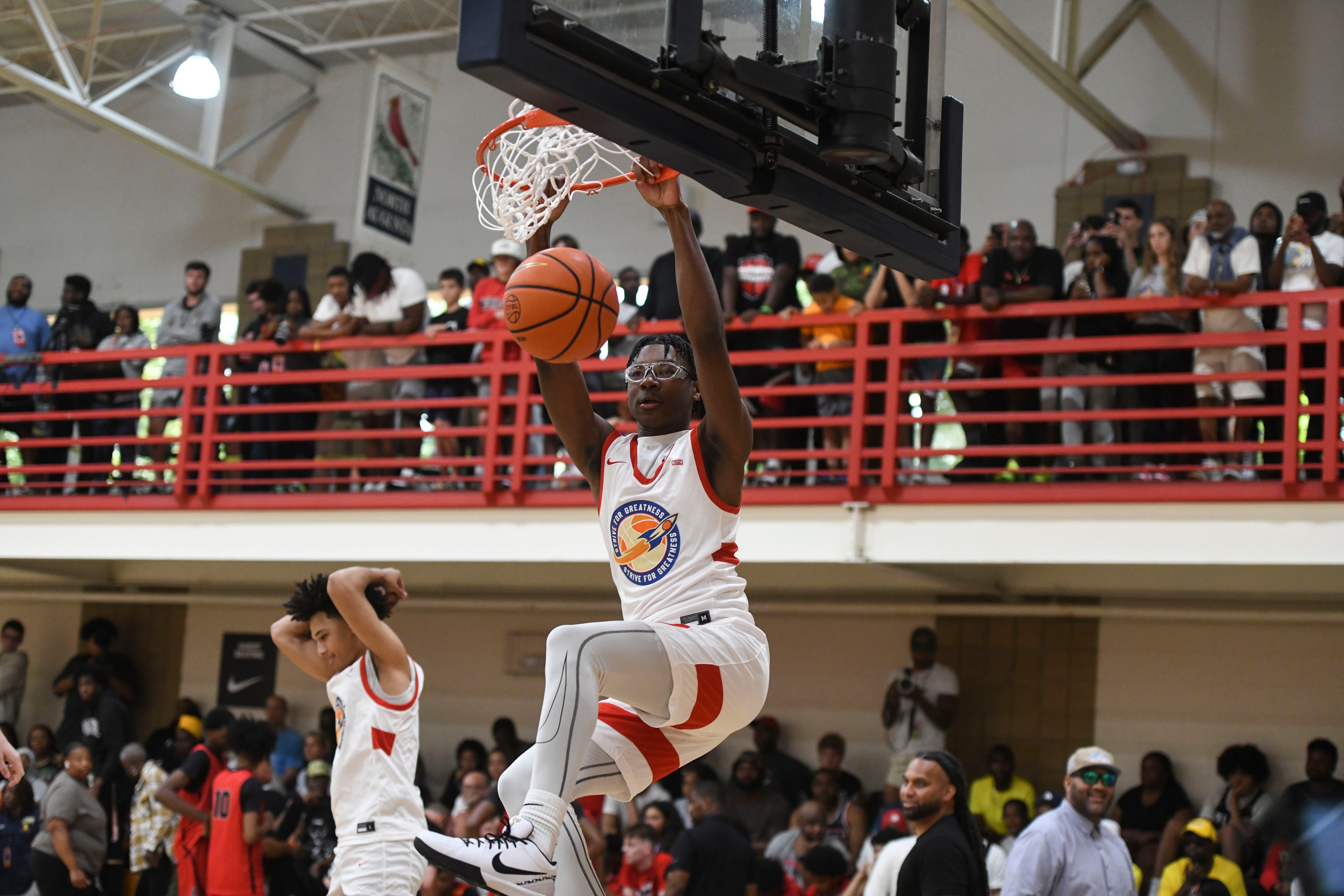 Bryce James, son of LeBron James, warms up before the E16 Strive for Greatness and Expressions game in July 2023. Photo: Imagn