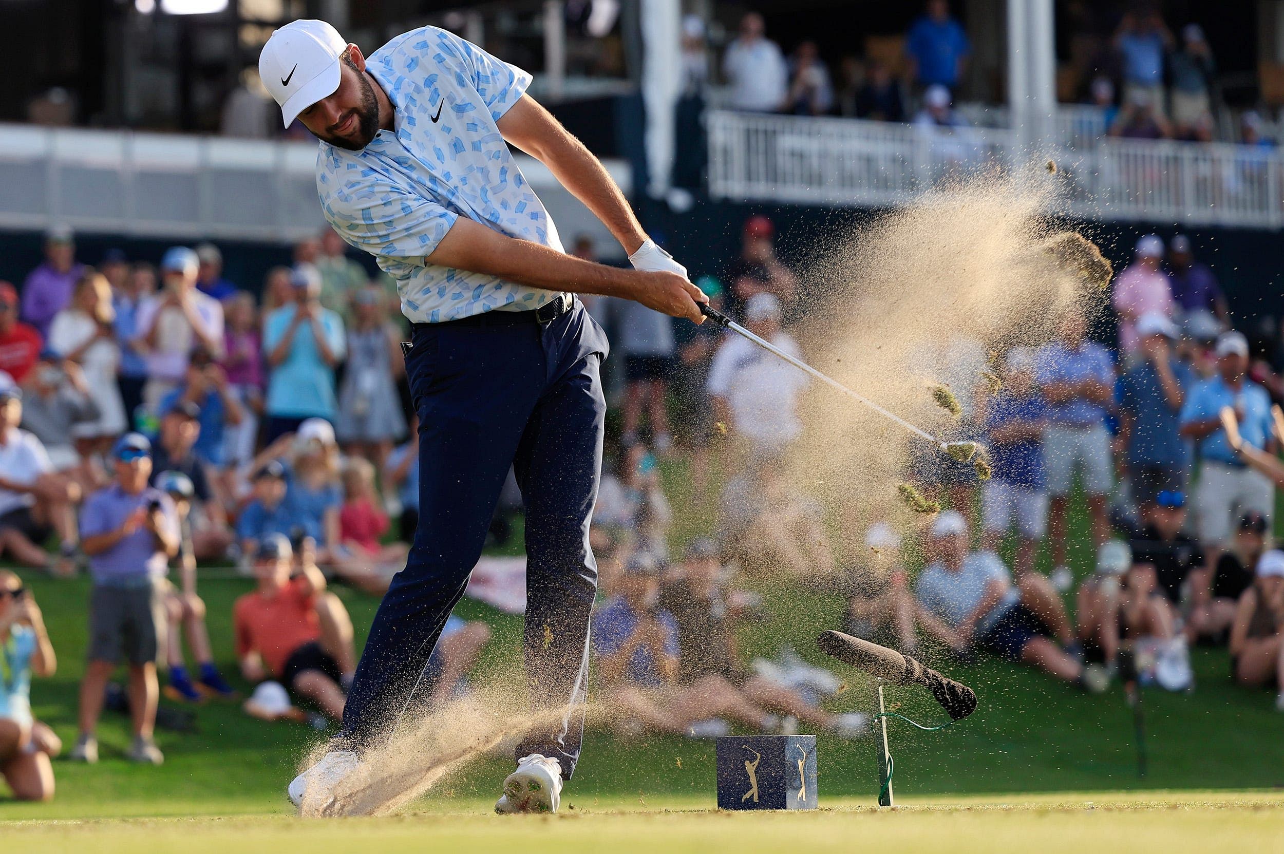 Scheffler tees off on hole 17 during the first round of The Players Championship PGA golf tournament - Source: Imagn