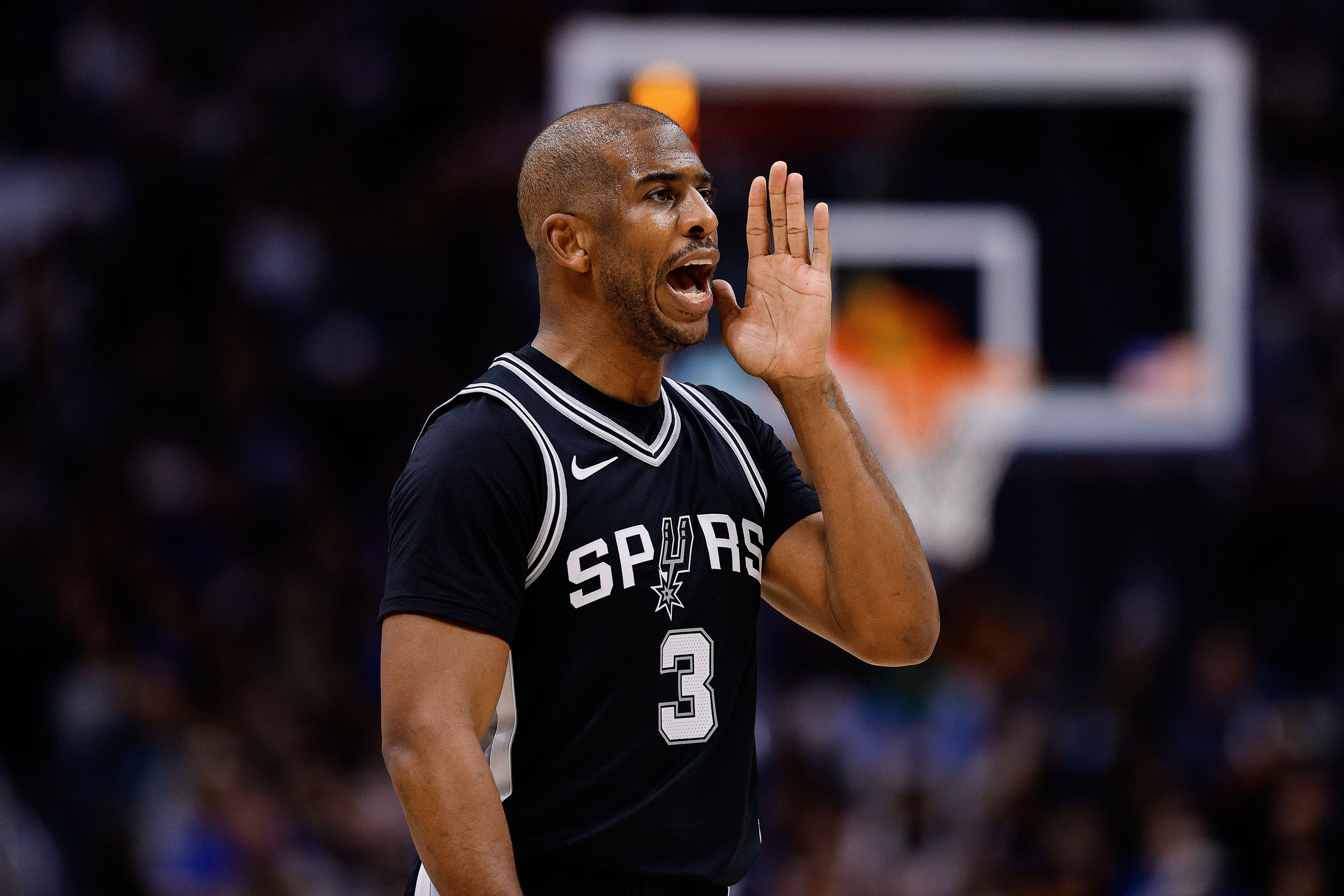 Jan 3, 2025; Denver, Colorado, USA; San Antonio Spurs guard Chris Paul (3) in the third quarter against the Denver Nuggets at Ball Arena. Mandatory Credit: Isaiah J. Downing-Imagn Images - Source: Imagn