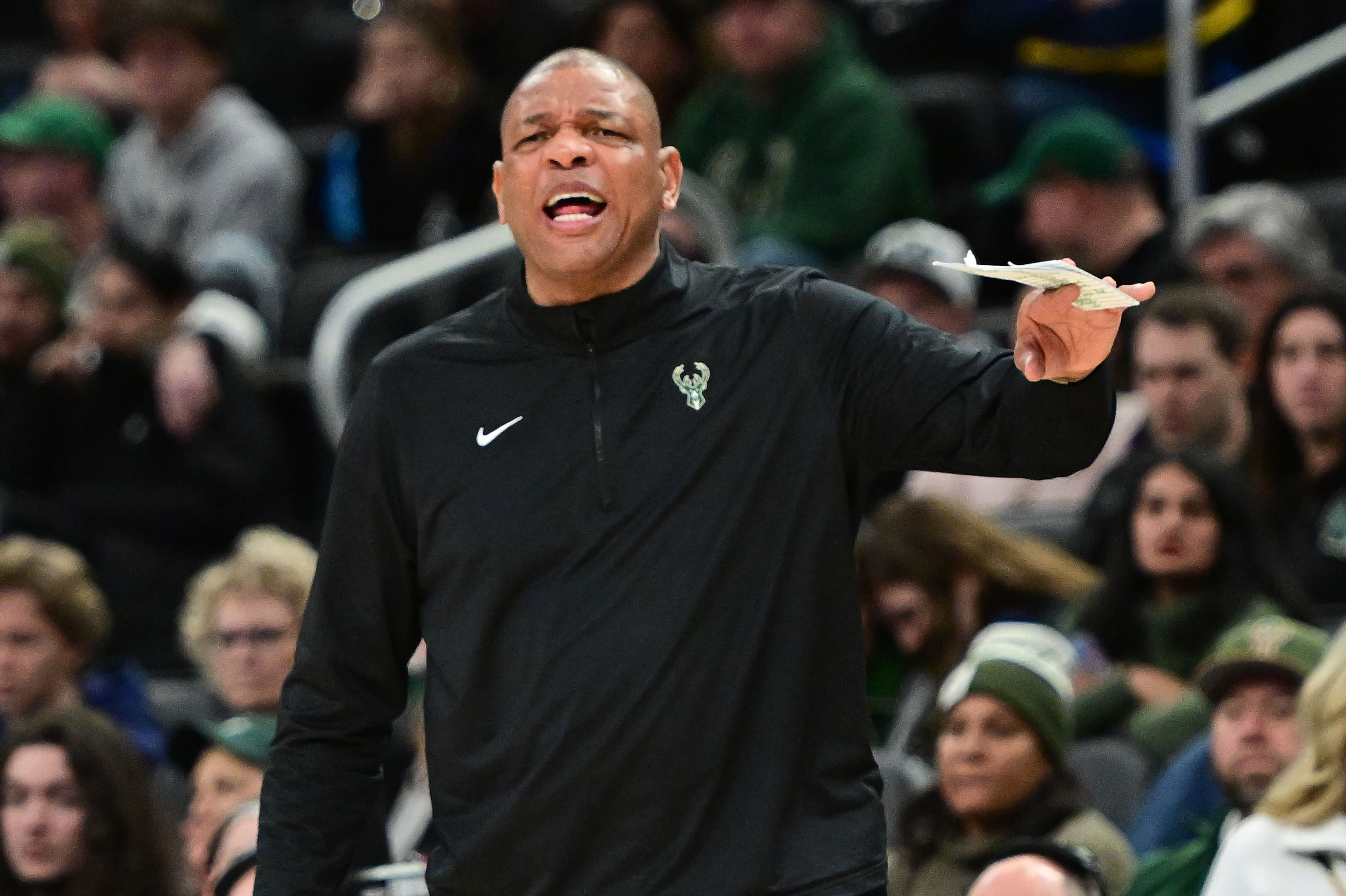 Jan 4, 2025; Milwaukee, Wisconsin, USA; Milwaukee Bucks head coach Doc Rivers calls a play in the third quarter against the Portland Trail Blazers at Fiserv Forum. Mandatory Credit: Benny Sieu-Imagn Images - Source: Imagn