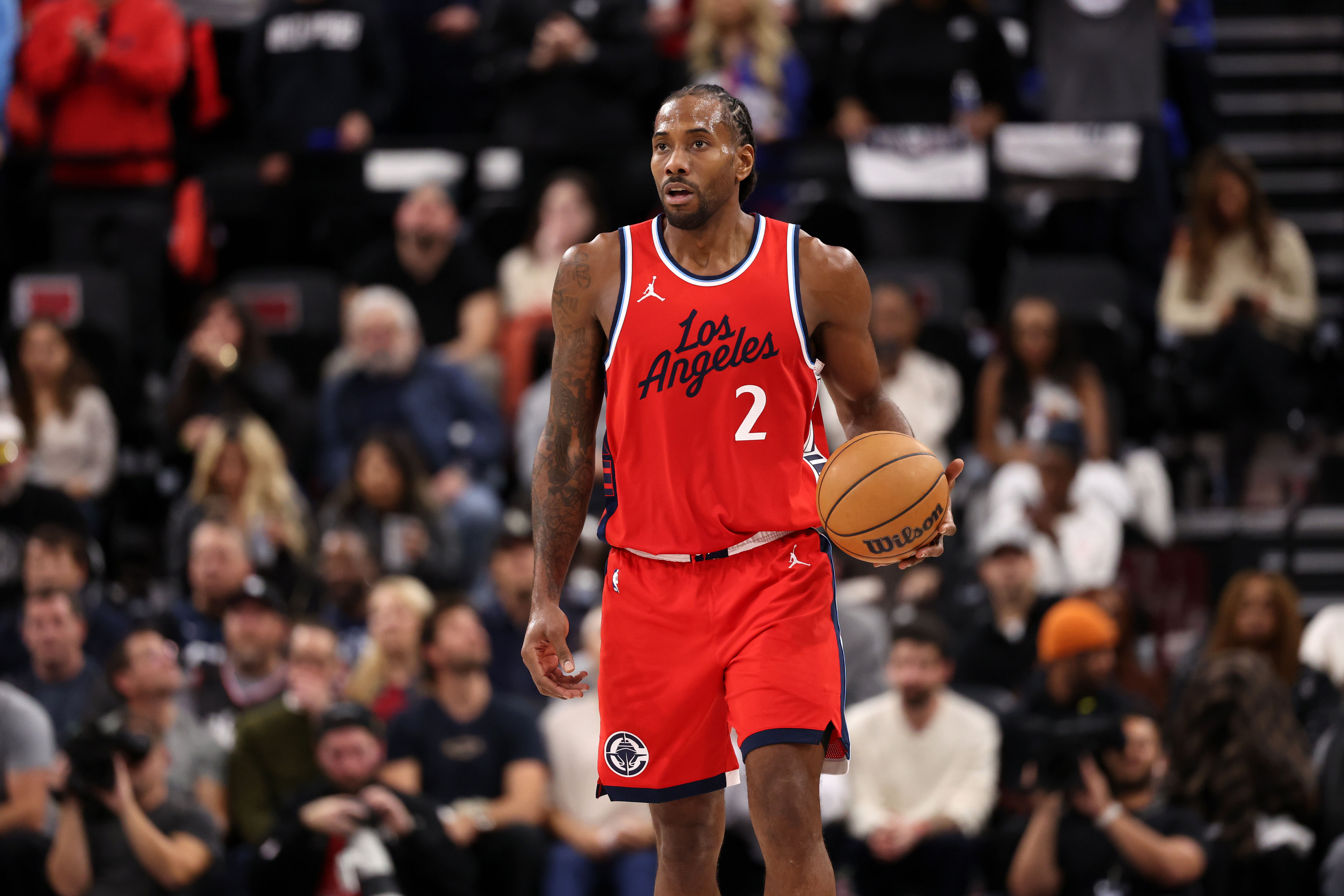 Jan 4, 2025; Inglewood, California, USA; Los Angeles Clippers forward Kawhi Leonard (2) dribbles the ball against the Atlanta Hawks during the second quarter at Intuit Dome. Mandatory Credit: Kiyoshi Mio-Imagn Images - Source: Imagn