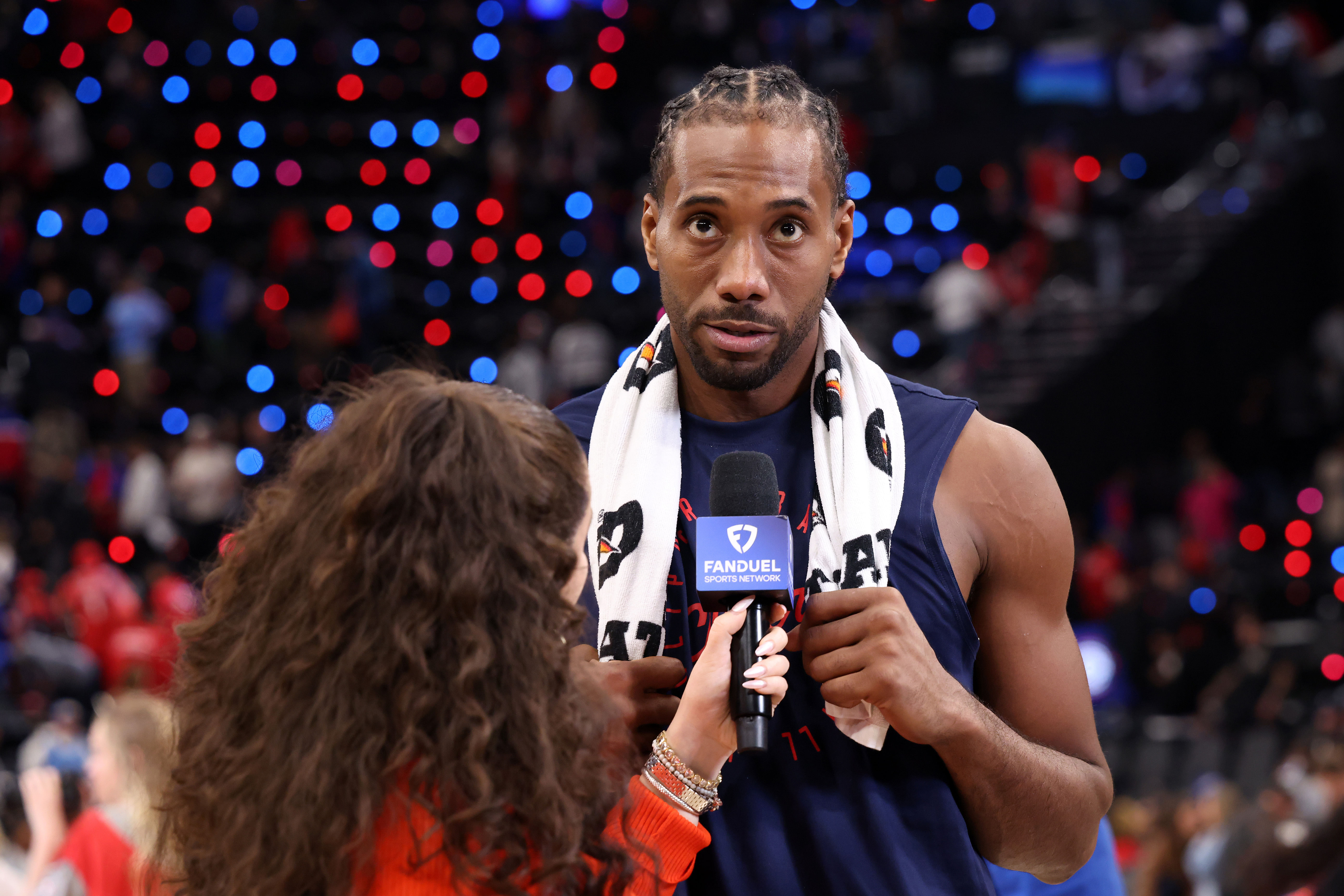 Los Angeles Clippers forward Kawhi Leonard talks during a post game interview at Intuit Dome. Photo Credit: Imagn