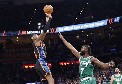 Oklahoma City Thunder guard Shai Gilgeous-Alexander (2) shoots the ball over Boston Celtics guard Jaylen Brown (7). (Credits: IMAGN)