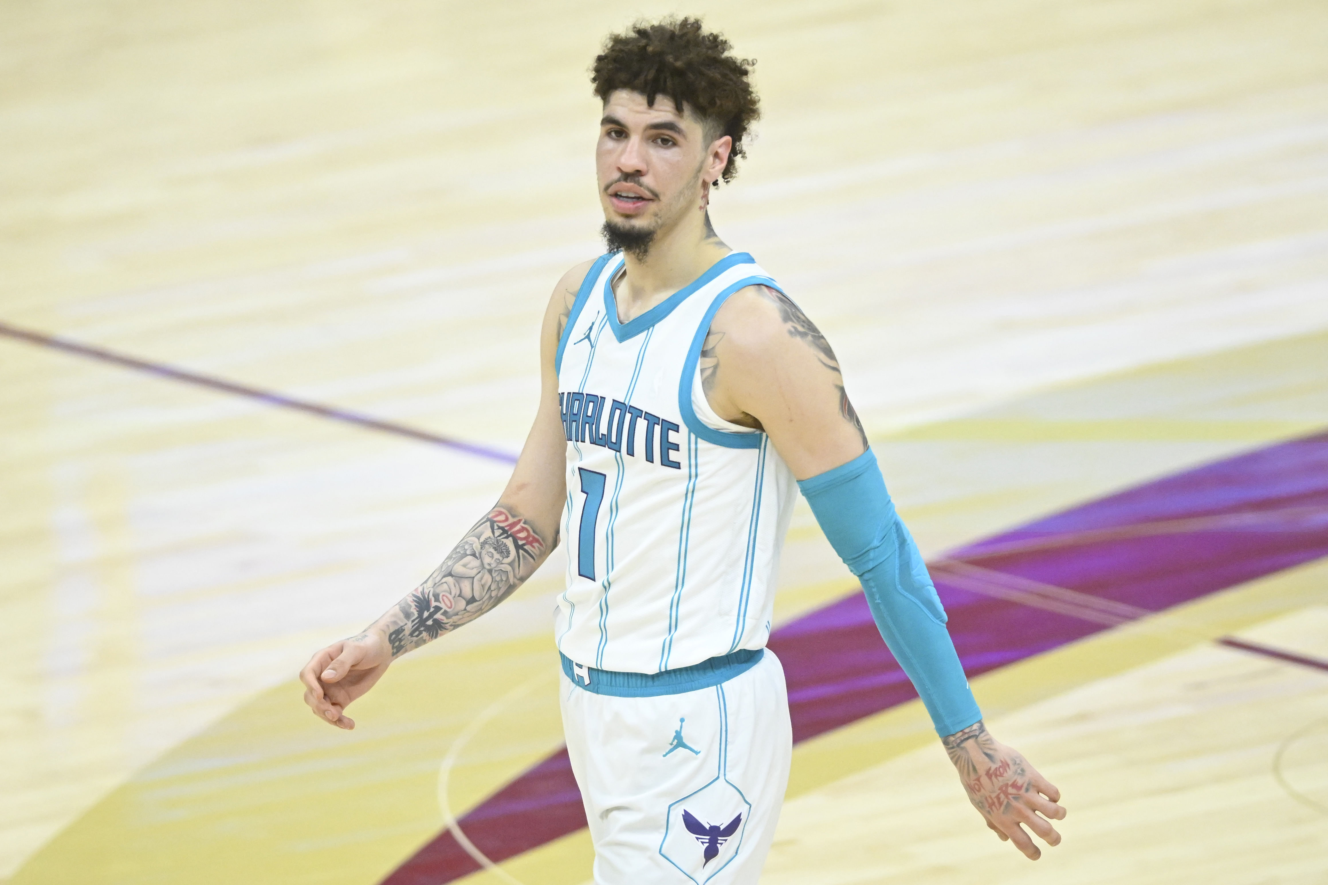 Jan 5, 2025; Cleveland, Ohio, USA; Charlotte Hornets guard LaMelo Ball (1) reacts in the fourth quarter against the Cleveland Cavaliers at Rocket Mortgage FieldHouse. Mandatory Credit: David Richard-Imagn Images - Source: Imagn