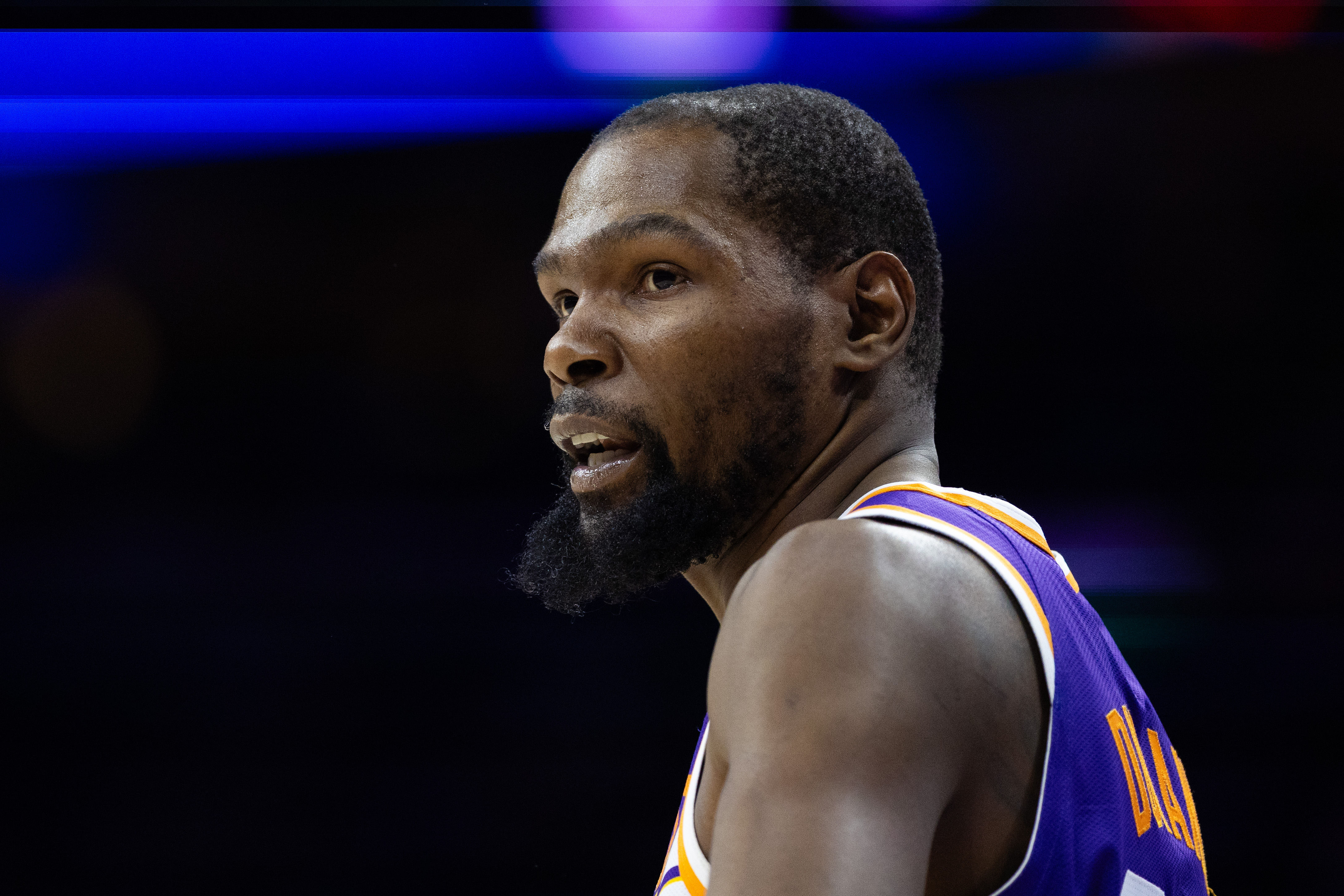 Phoenix Suns forward Kevin Durant looks on during the third quarter against the Philadelphia 76ers at Wells Fargo Center. Imagn