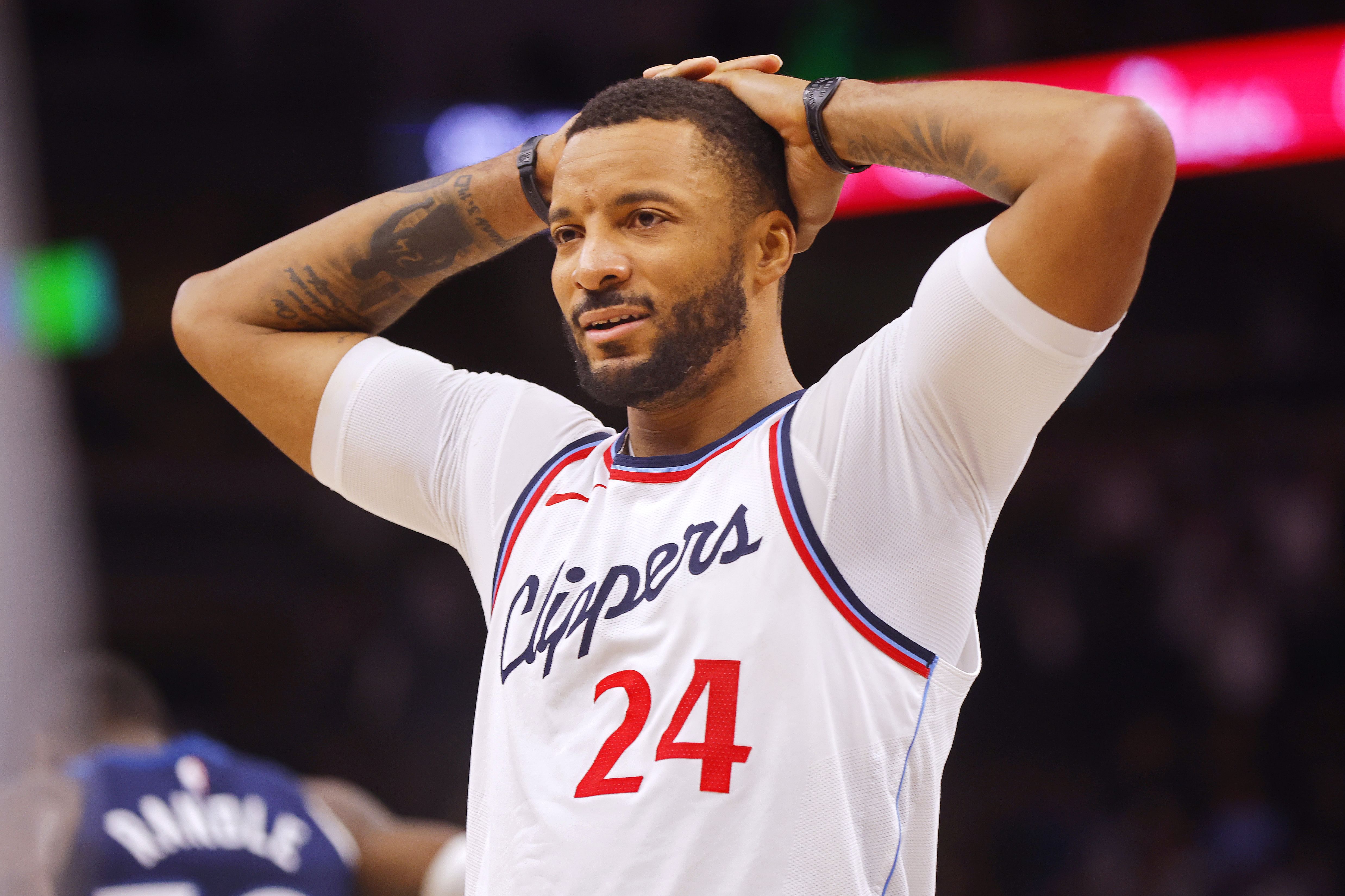 Los Angeles Clippers guard Norman Powell (24) reacts as time ends and his team loses to the Minnesota Timberwolves at Target Center. Photo Credit: Imagn