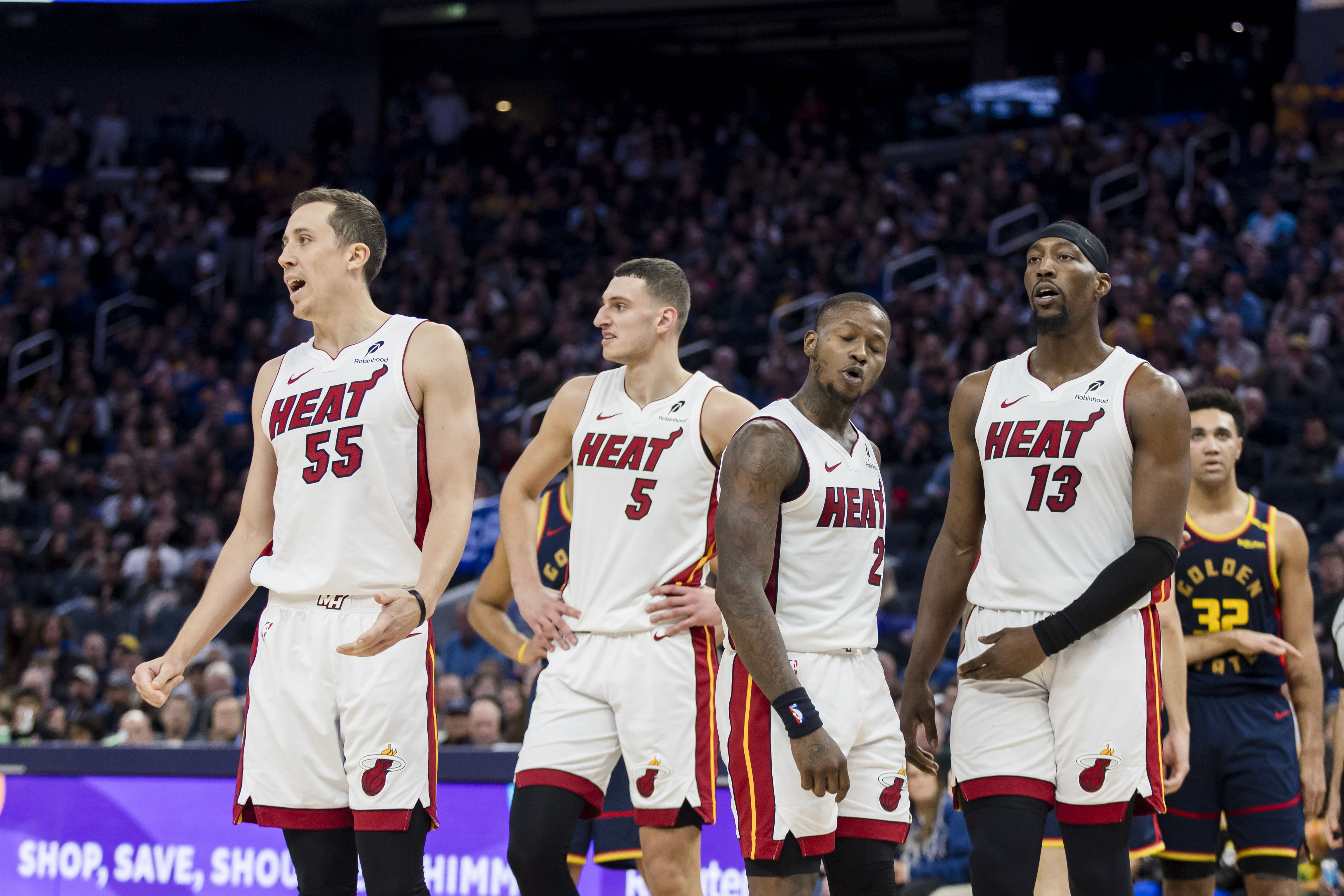 Miami Heat&#039;s Duncan Robinson, Nikola Jovic, &lt;a href=&#039;https://www.sportskeeda.com/basketball/terry-rozier&#039; target=&#039;_blank&#039; rel=&#039;noopener noreferrer&#039;&gt;Terry Rozier&lt;/a&gt; and &lt;a href=&#039;https://www.sportskeeda.com/basketball/bam-adebayo&#039; target=&#039;_blank&#039; rel=&#039;noopener noreferrer&#039;&gt;Bam Adebayo&lt;/a&gt; react to a foul call against the Golden State Warriors at Chase Center. Photo Credit: Imagn