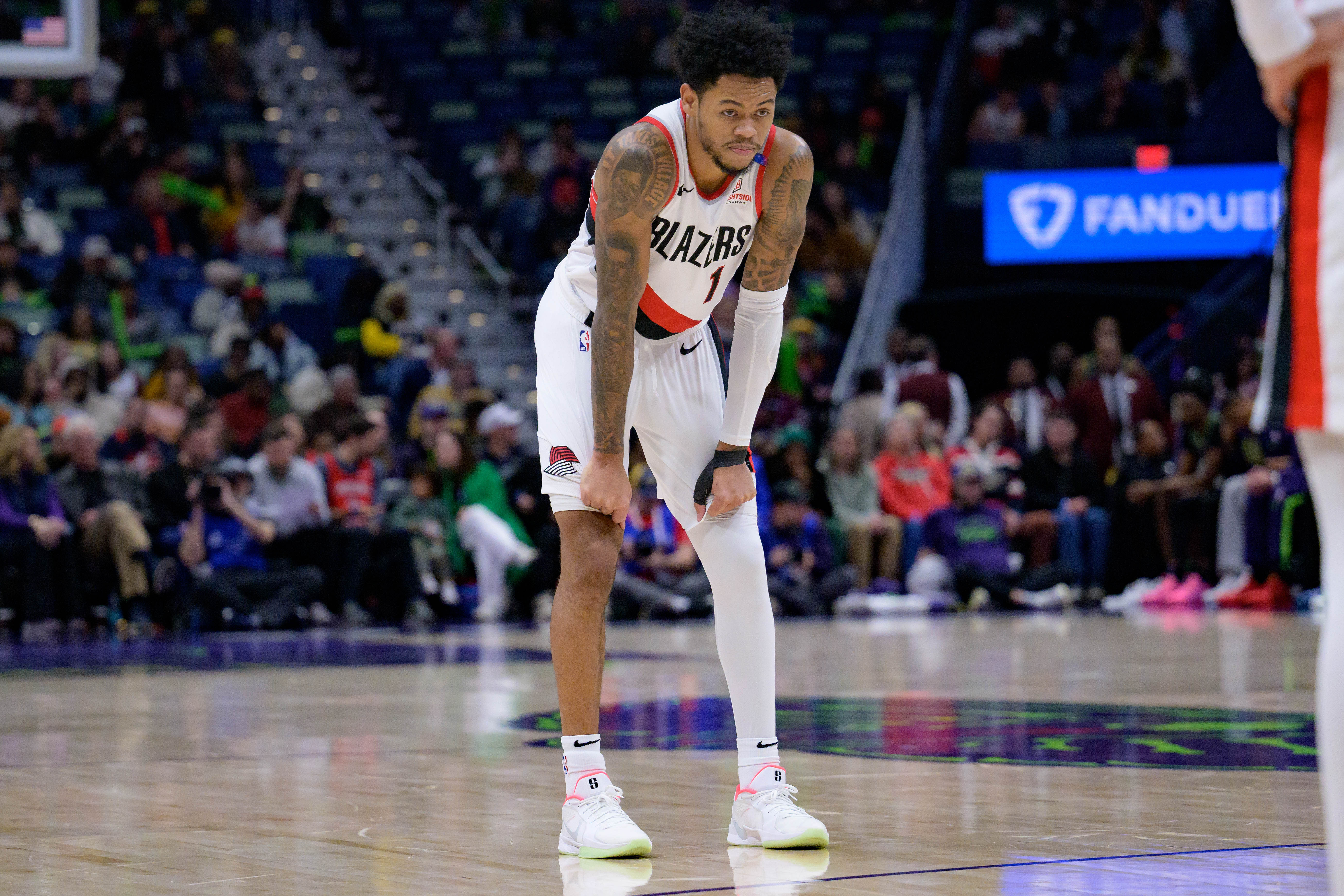 Portland Trail Blazers guard Anfernee Simons reacts against the New Orleans Pelicans at Smoothie King Center. Photo Credit: Imagn