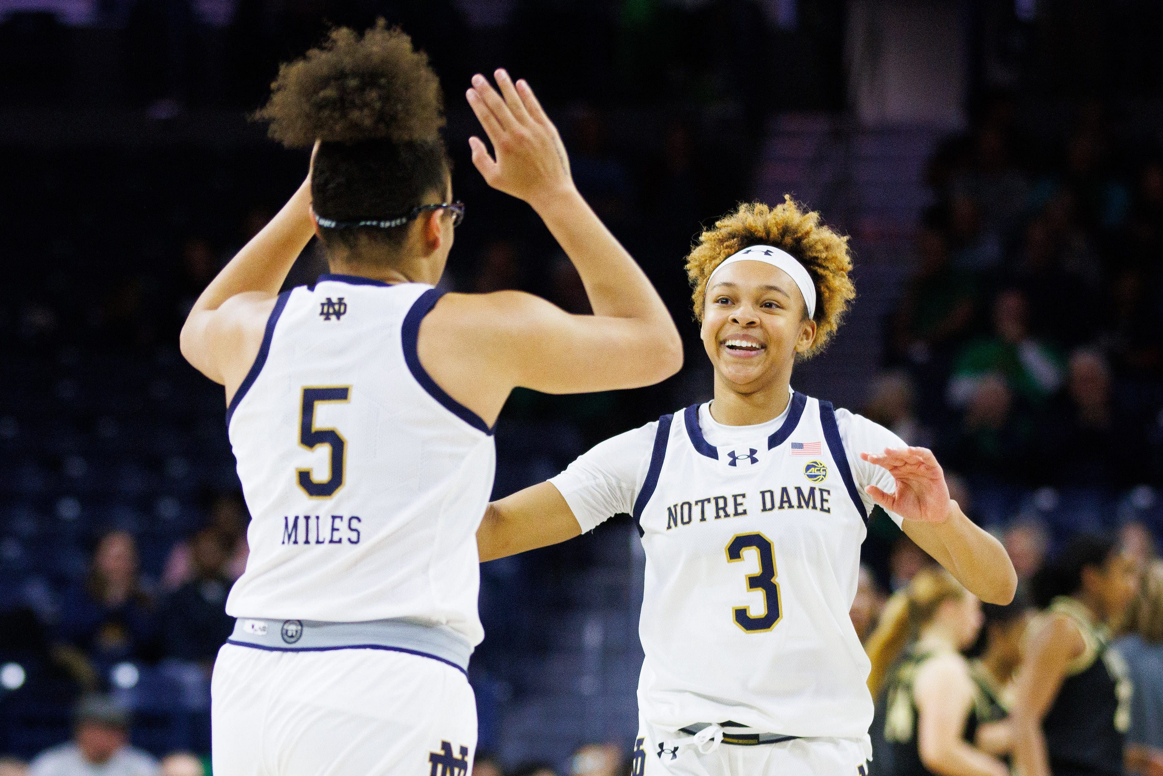 Notre Dame guards Hannah Hidalgo (#3) and Olivia Miles (#5) celebrate during the game against Wake Forest at Purcell Pavilion on Thursday, Jan. 9, 2025, in South Bend. Photo: Imagn