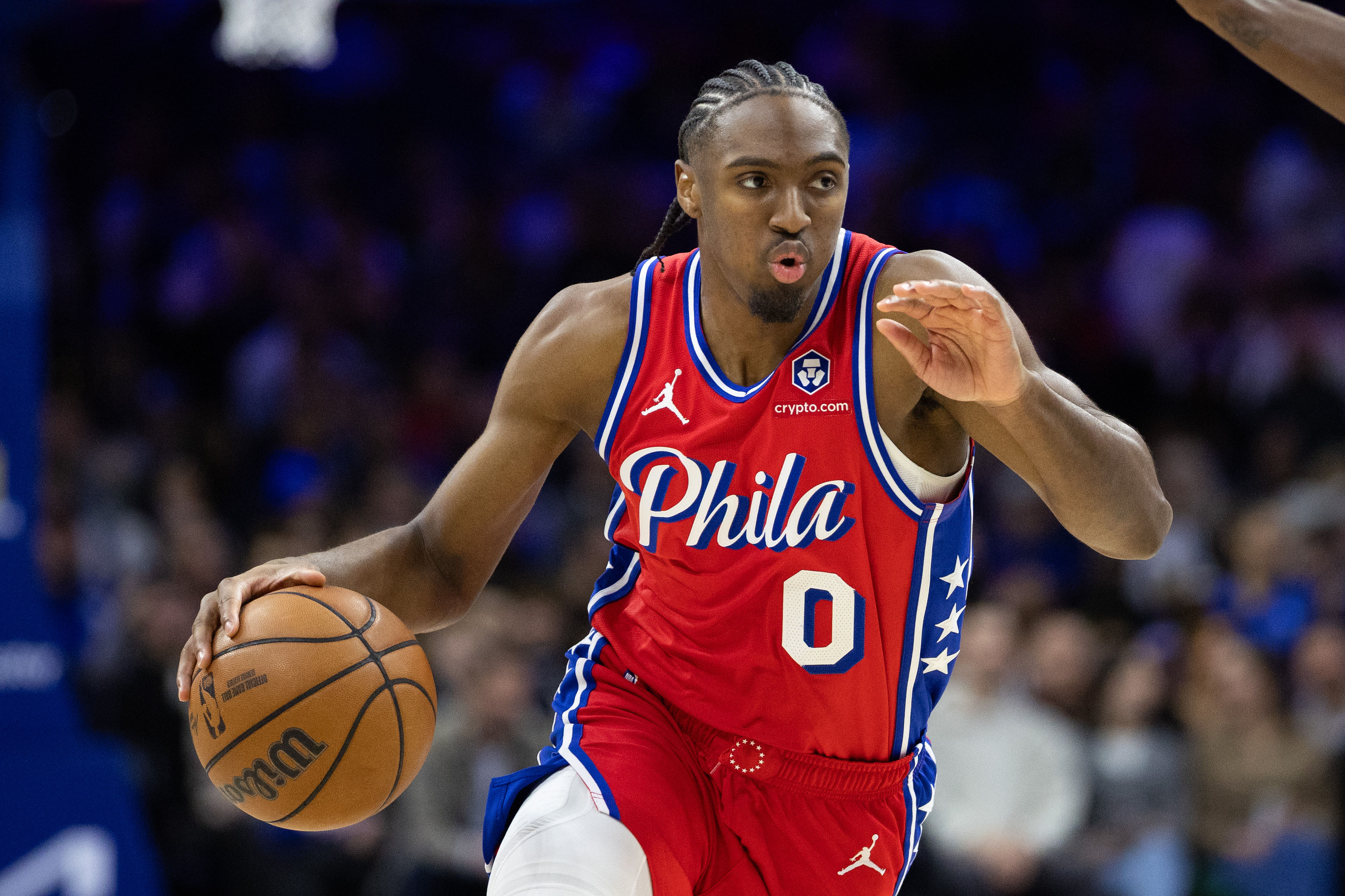 Jan 10, 2025; Philadelphia, Pennsylvania, USA; Philadelphia 76ers guard Tyrese Maxey (0) controls the ball against the New Orleans Pelicans during the second quarter at Wells Fargo Center. Mandatory Credit: Bill Streicher-Imagn Images - Source: Imagn