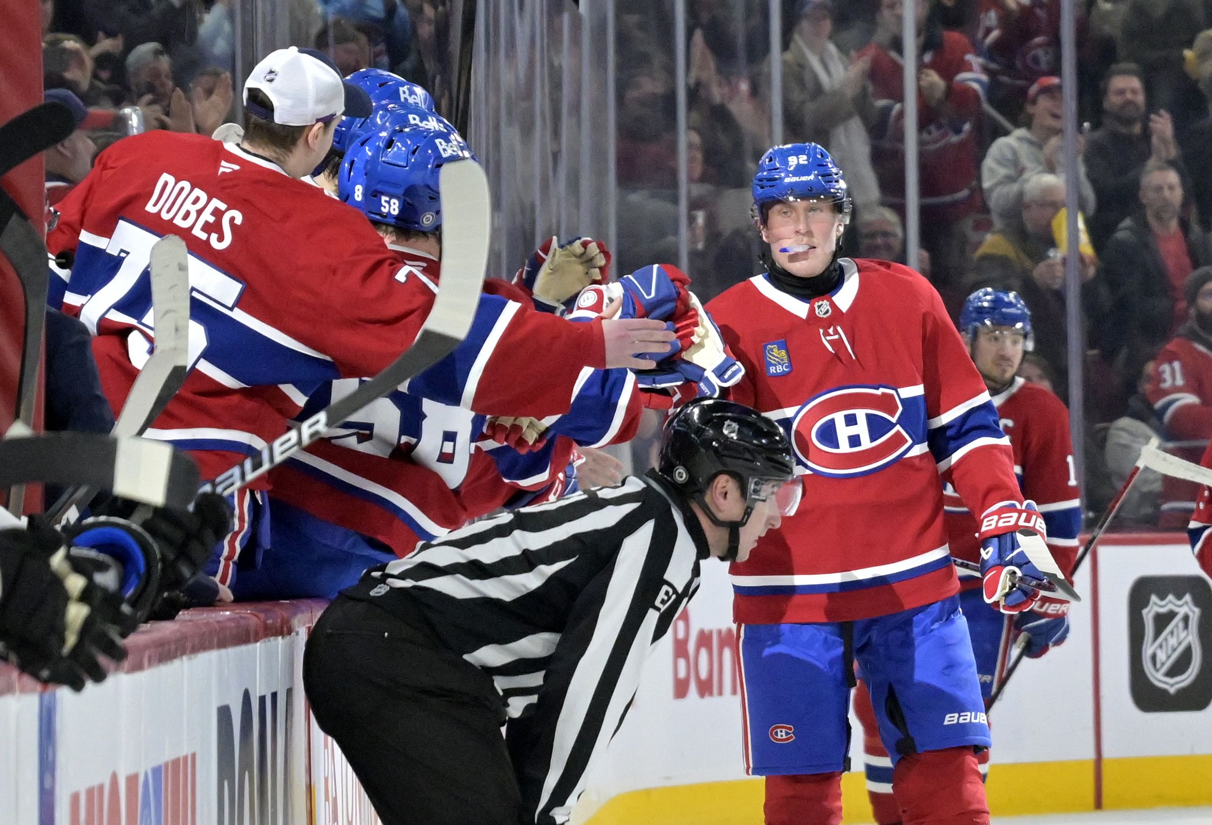 Montreal Canadiens forward Patrik Laine (92) celebrates with teammates after scoring a goal against the Dallas Stars during the second period at the Bell Centre. (Credit: IMAGN)