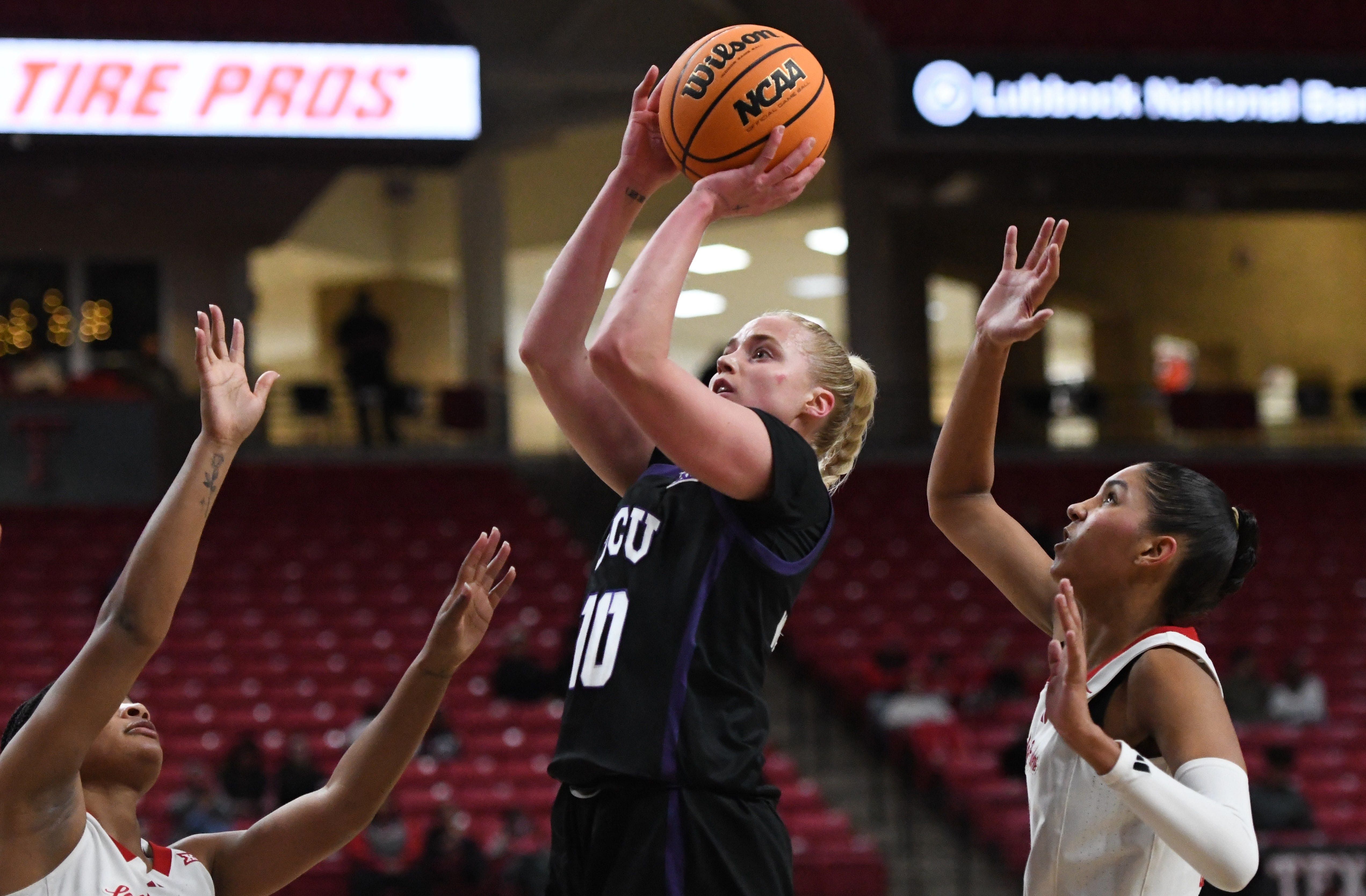 TCU Horned Frogs guard Hailey Van Lith (#10) shoots the ball against the Texas Tech Lady Raiders in their Big 12 women&#039;s basketball game on Saturday, Jan. 11, 2025, at United Supermarkets Arena. Photo: Imagn