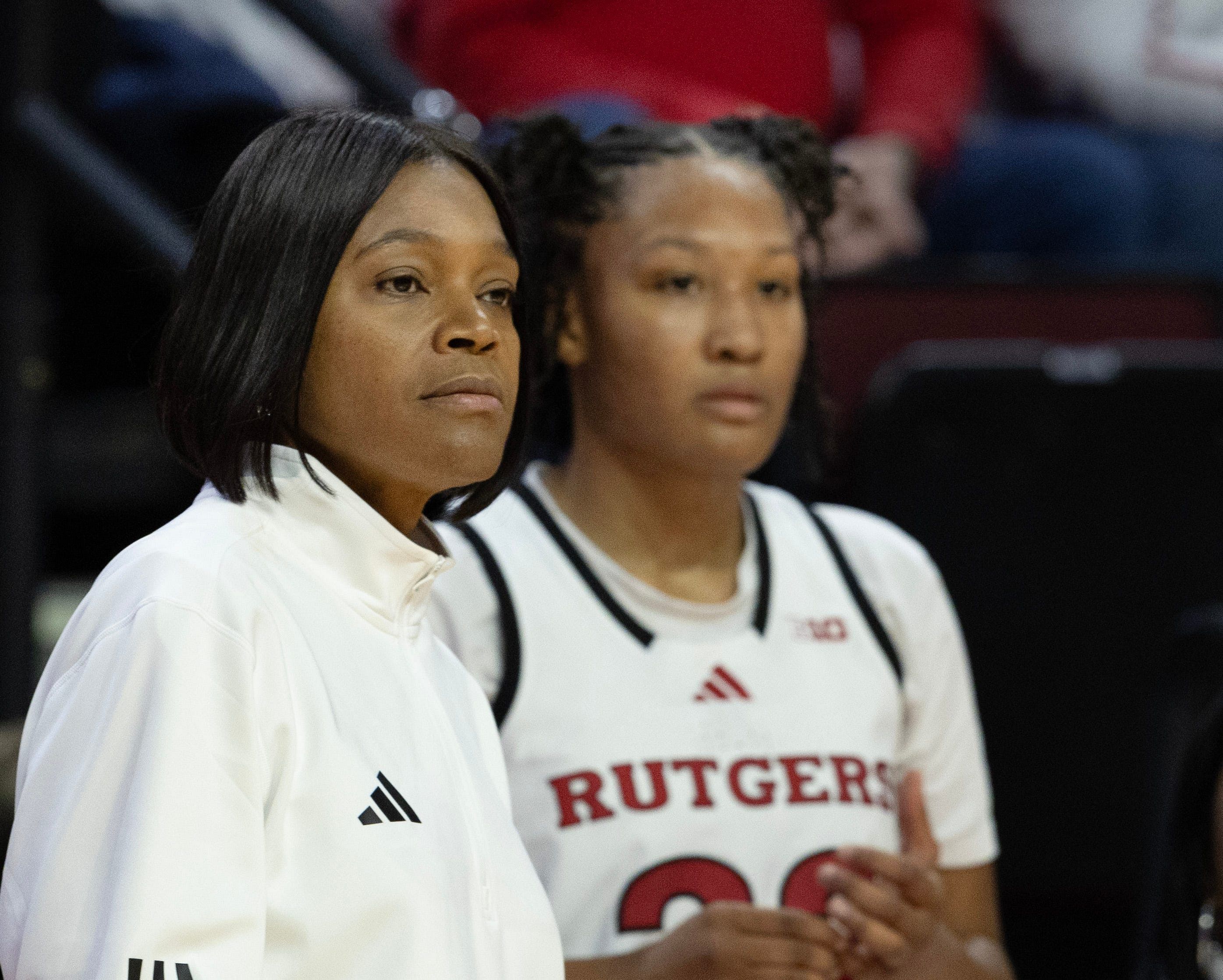 Rutgers coach Coquese Washington with Kiyomi McMiller in the background during the Scarlet Knights&#039; game against the Nebraska Cornhuskers in Piscataway, New Jersey on January 12, 2025. Photo: Imagn