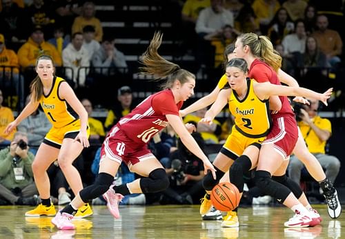 Iowa Hawkeyes guard Taylor McCabe (#2) fights through a screen while defending Indiana Hoosiers guard Shay Ciezki (#10) during their game on Jan. 12, 2025 at Carver-Hawkeye Arena in Iowa City, Iowa. Photo: Imagn