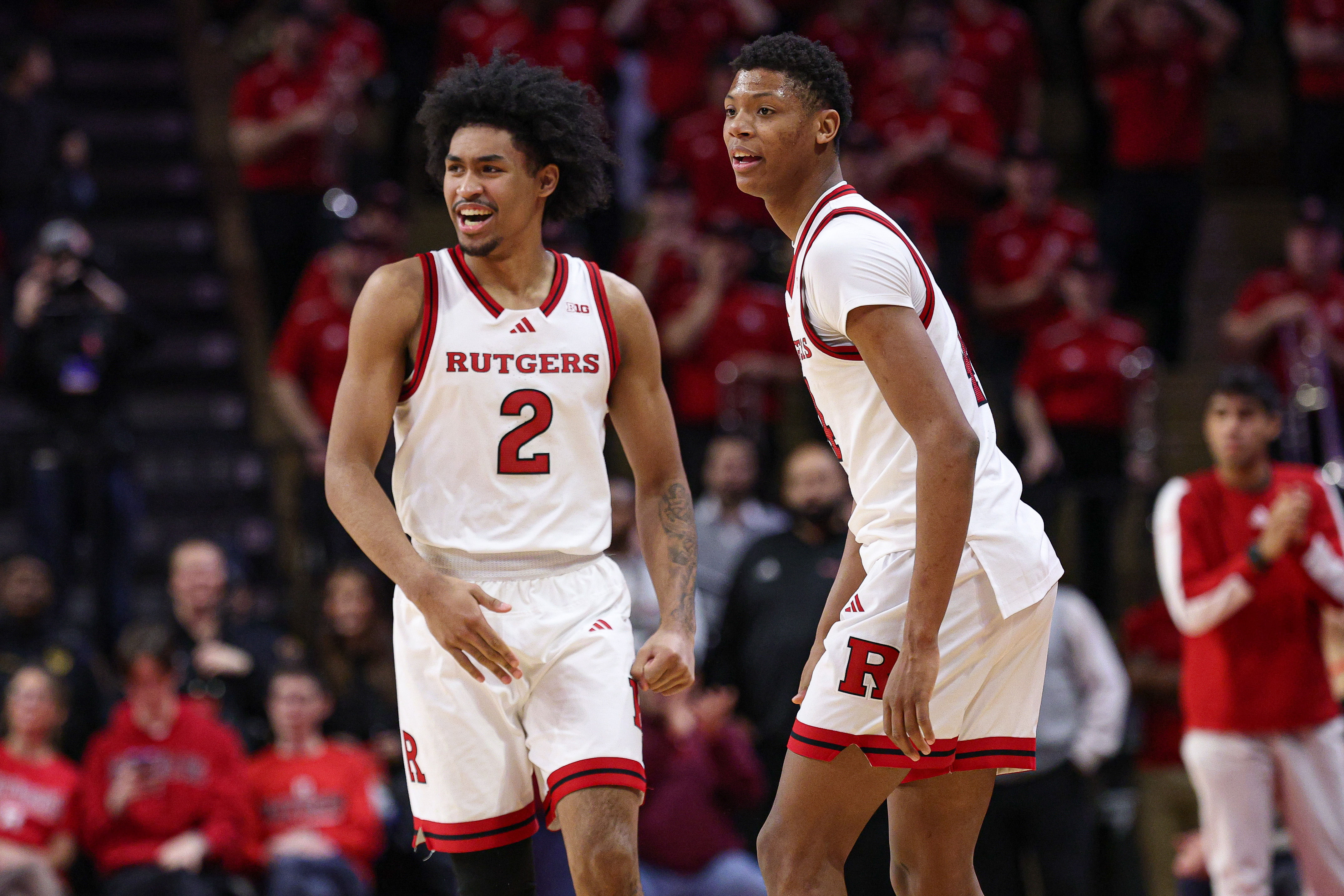 Rutgers Scarlet Knights guard Dylan Harper (#2) celebrates in front of guard Ace Bailey (#4) during the second half of their NCAA basketball game against the UCLA Bruins at Jersey Mike&#039;s Arena. Photo: Imagn