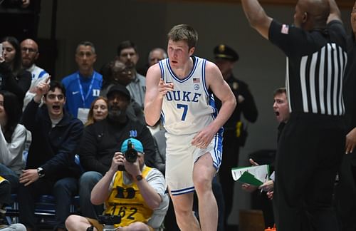 Duke Blue Devils forward Kon Knueppel (#7) reacts after hitting a three-pointer during the first half against the Miami Hurricanes at Cameron Indoor Stadium. Photo: Imagn